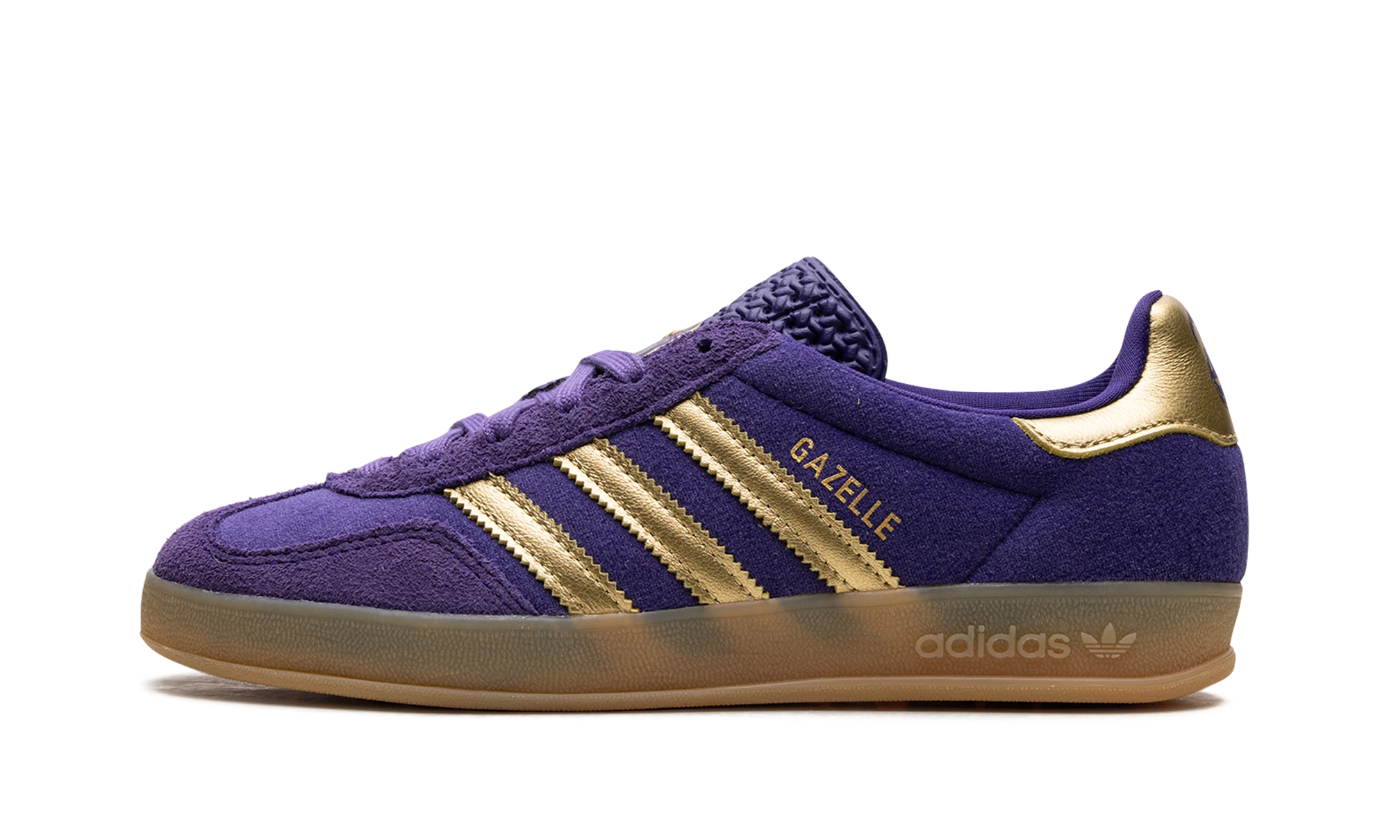 Sneaker Adidas Gazelle Indoor West NYC Wizard (JR5166) in leather purple, gold and brown — outer profile view.
