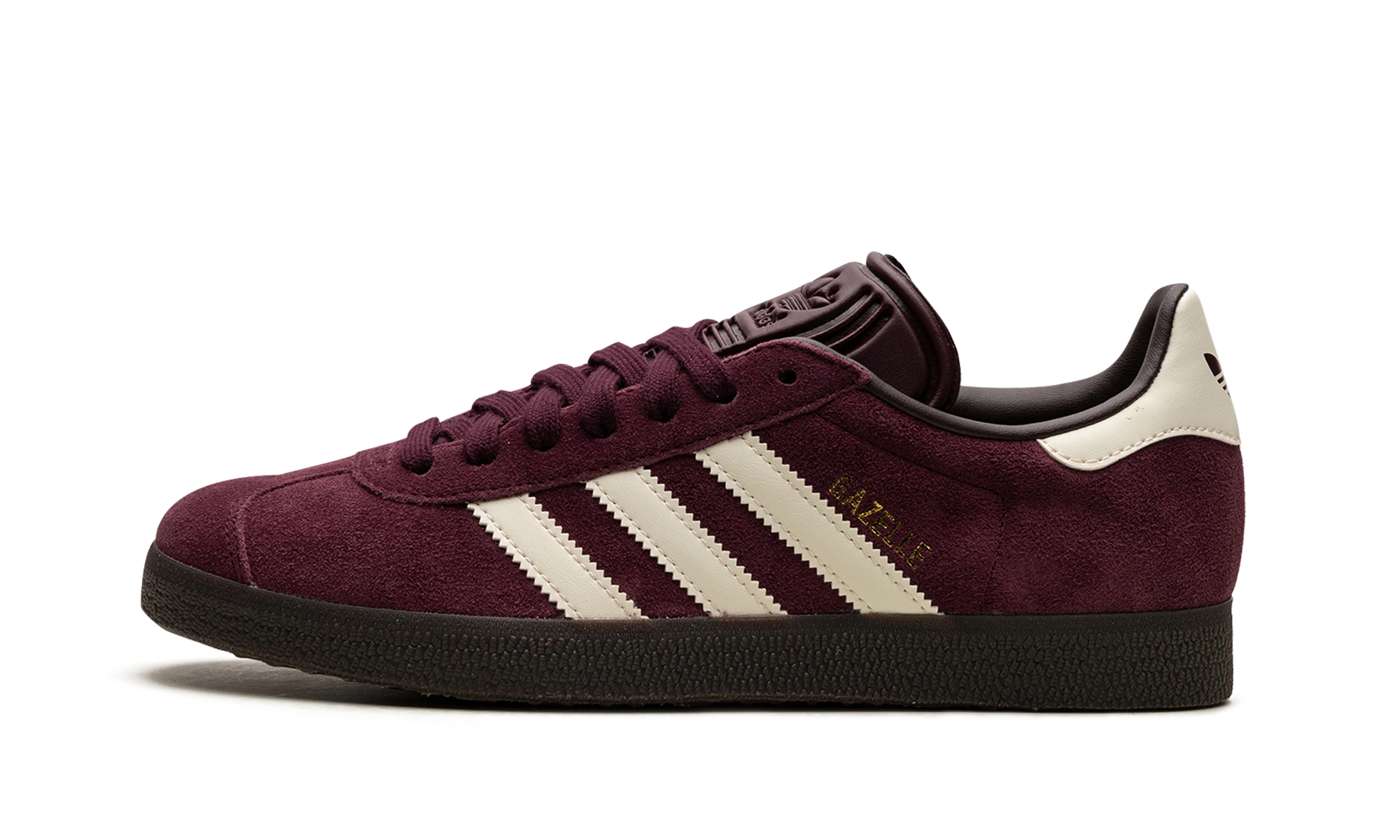 Zapatilla Adidas Gazelle Maroon (IG4990) en cuero marrón y blanco — vista de perfil exterior.