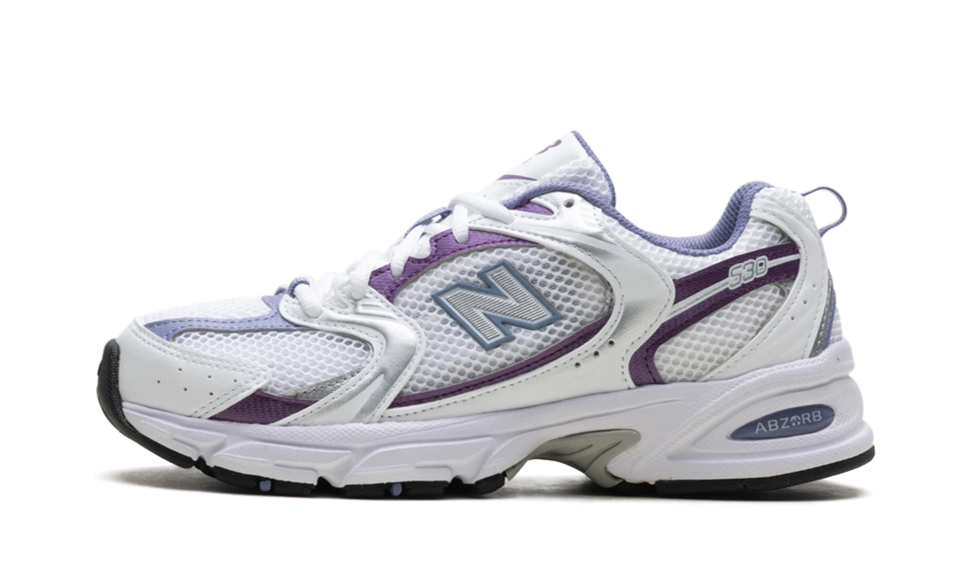 Zapatilla New Balance 530 White Violet (MR530RE) en cuero blanco y morado — vista de perfil exterior.