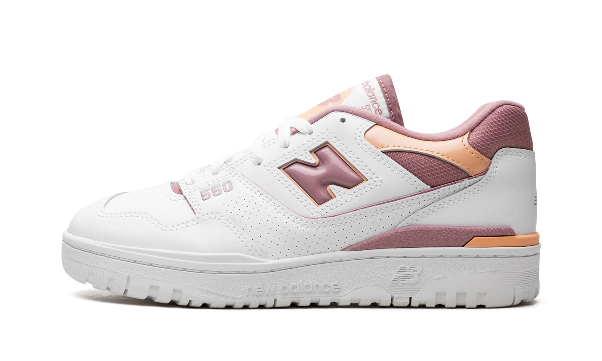 Sneaker New Balance 550 Rosewood Hazy Peach (BBW550EA) in leather white and pink — outer profile view.
