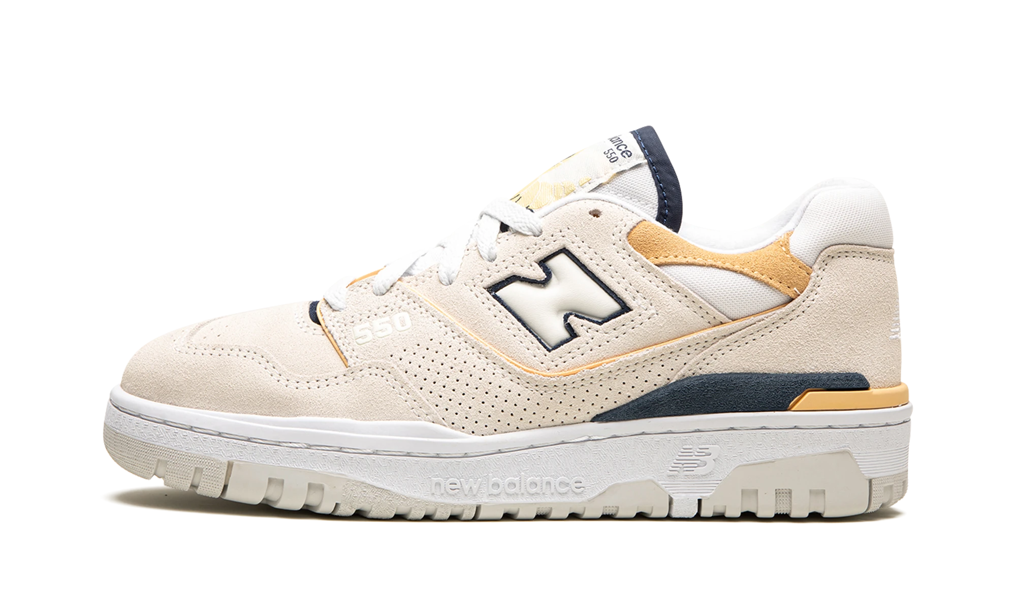 Sneaker New Balance 550 Sea Salt Navy Raw Sugar (BBW550AB) in leather white and blue — outer profile view.