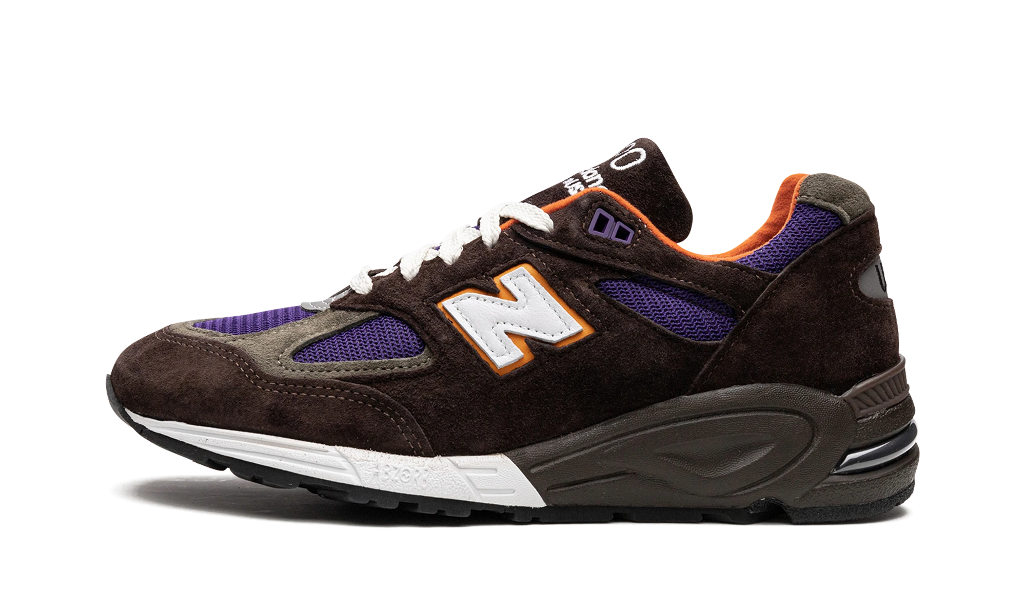 Sneaker New Balance 990v2 MiUSA Brown Purple (M990BR2) i læder brun, grå og lilla — ydre profilvisning.