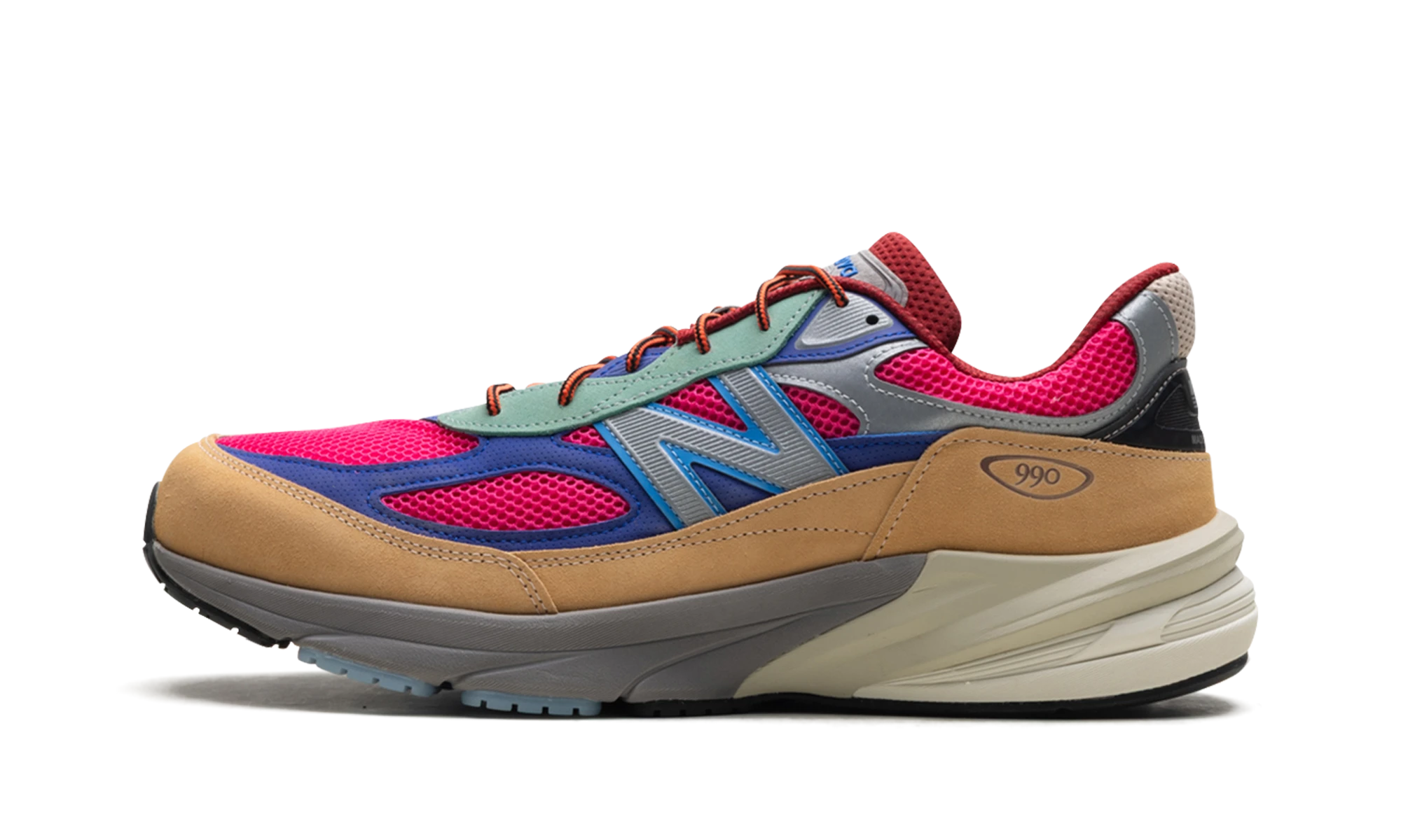 Sneaker New Balance 990v6 MiUSA Action Bronson Ainôzama (U990AT6) in leather beige, purple and pink — outer profile view.