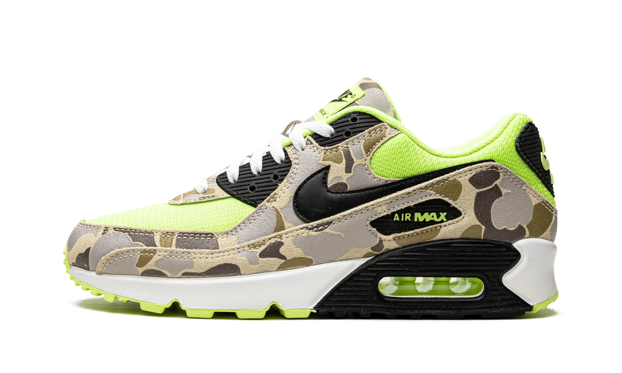 Sneaker Nike Air Max 90 Green Camo (CW4039-300) in leather green, black and camouflage — outer profile view.
