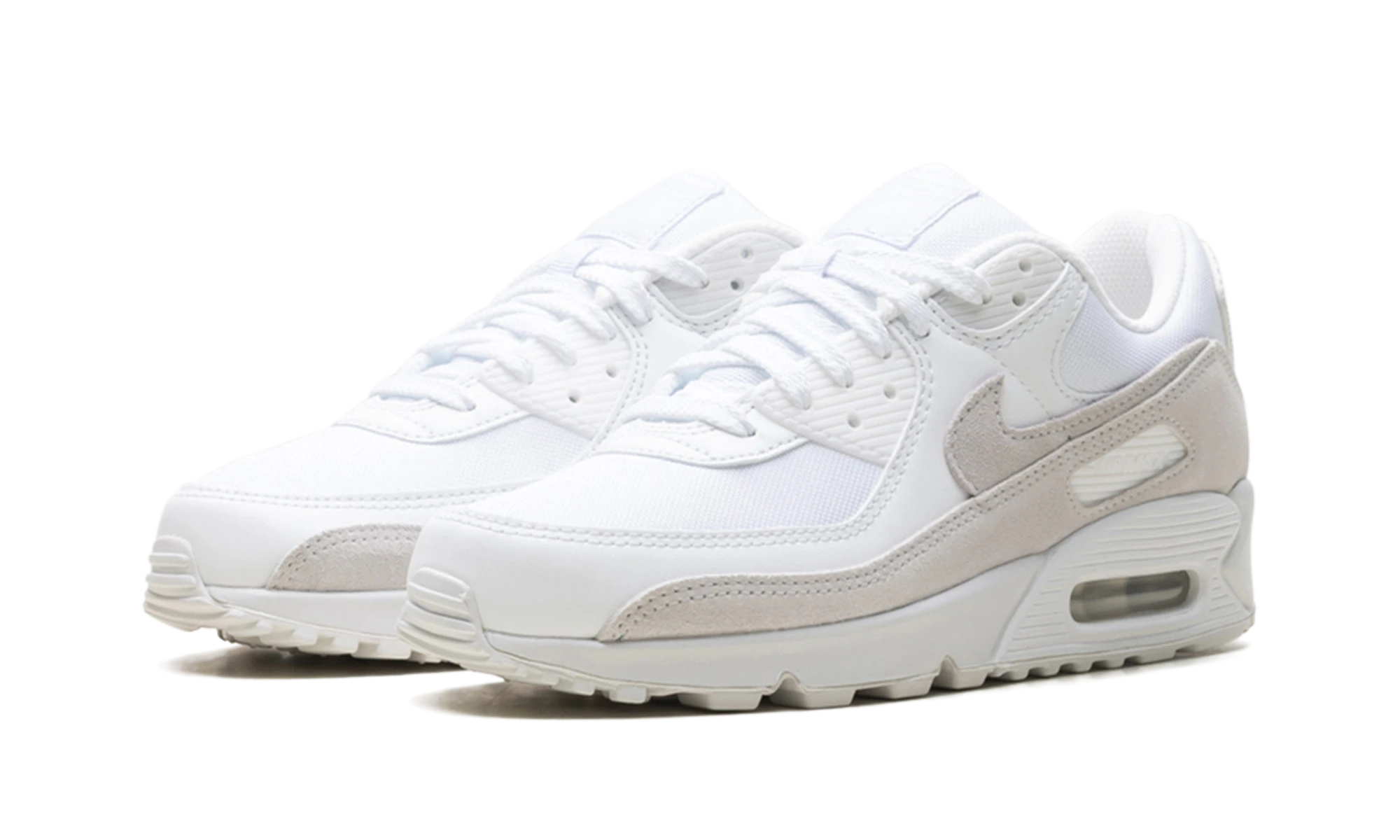 Detail of the inner side of the sneaker Nike Air Max 90 Summit White Platinum Tint (IB6392-100) blanc et gris.
