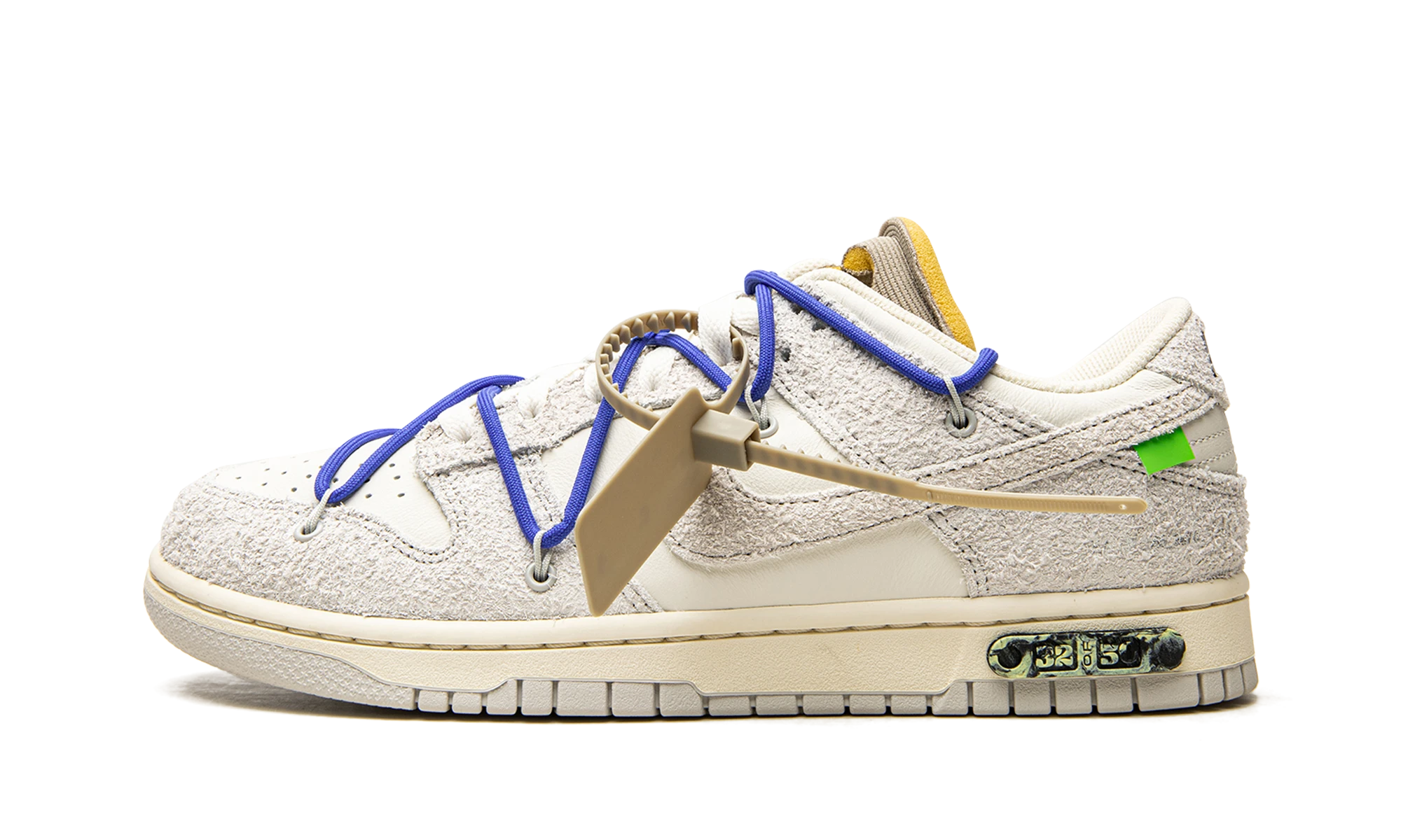 Scarpa Nike Dunk Low Off-White Lot 32 (DJ0950-104) in pelle beige, grigio e blu — vista profilo esterno.