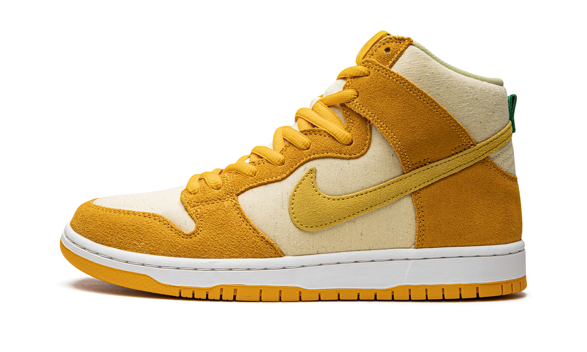 Sneaker Nike SB Dunk High Pineapple (DM0808-700) in leather orange, yellow and white — outer profile view.