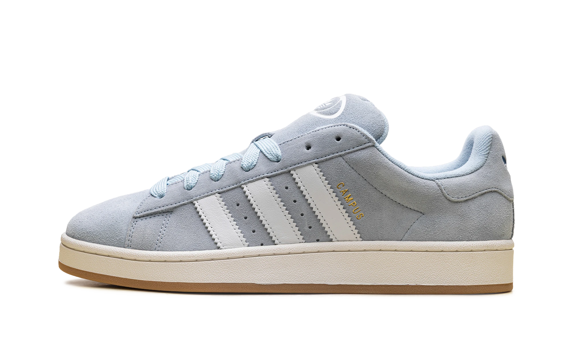 Sneaker Adidas Campus 00s Clear Sky Gum (JI2005) in leather blue and gold — outer profile view.