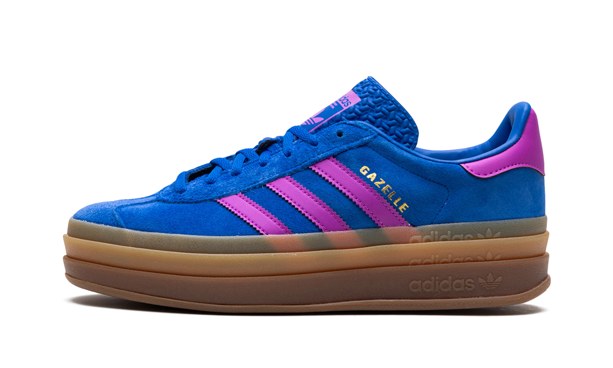 Sneaker Adidas Gazelle Bold Bold Blue Lucid Pink (IG4367) in leather blue, pink and brown — outer profile view.