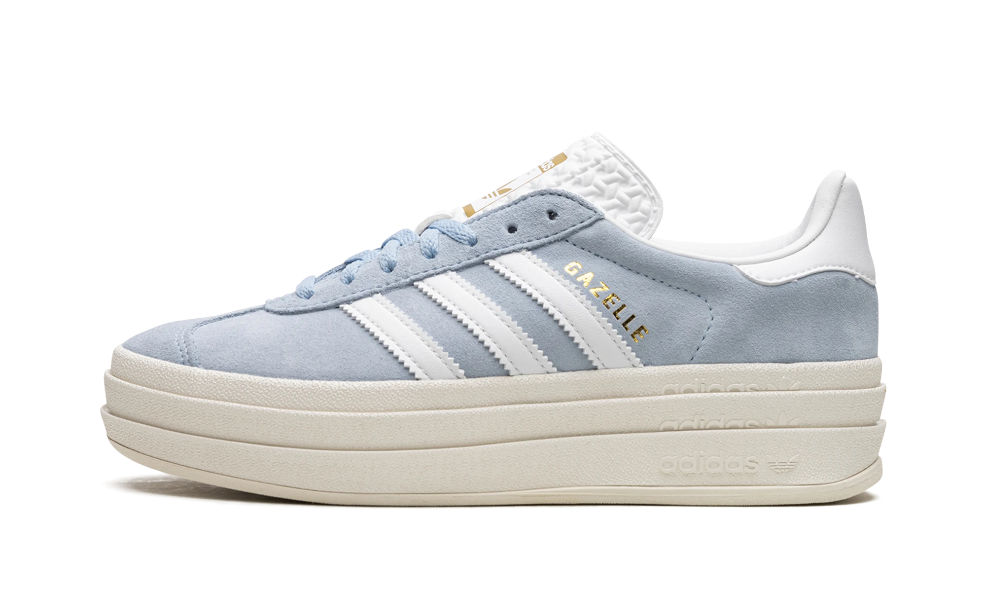 Sneaker Adidas Gazelle Bold Clear Sky (ID6991) in leather white and gold — outer profile view.