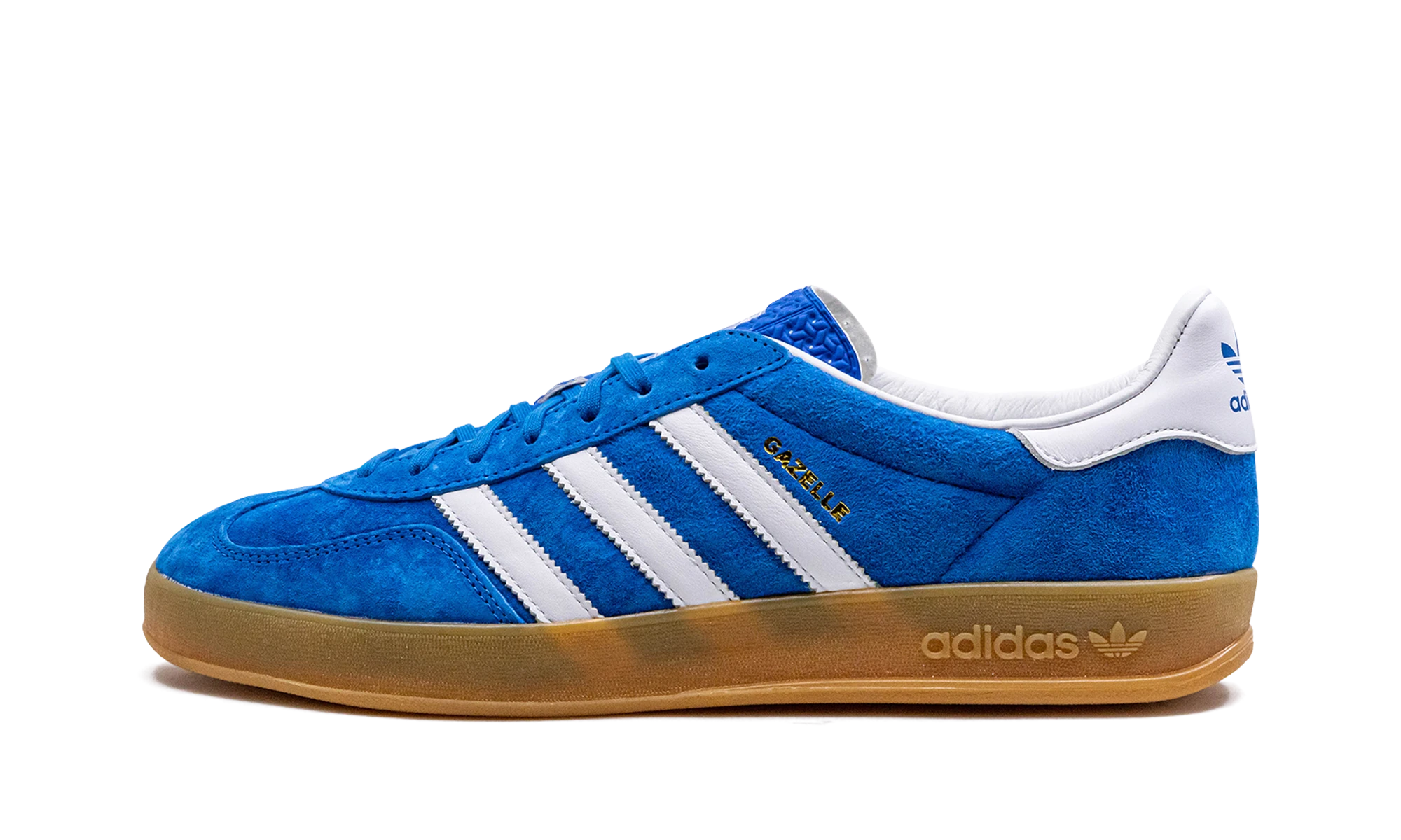 Tenisky Adidas Gazelle Indoor Blue Bird Gum (H06260) z kůže modrý, bílý a hnědý — pohled z vnějšího boku.