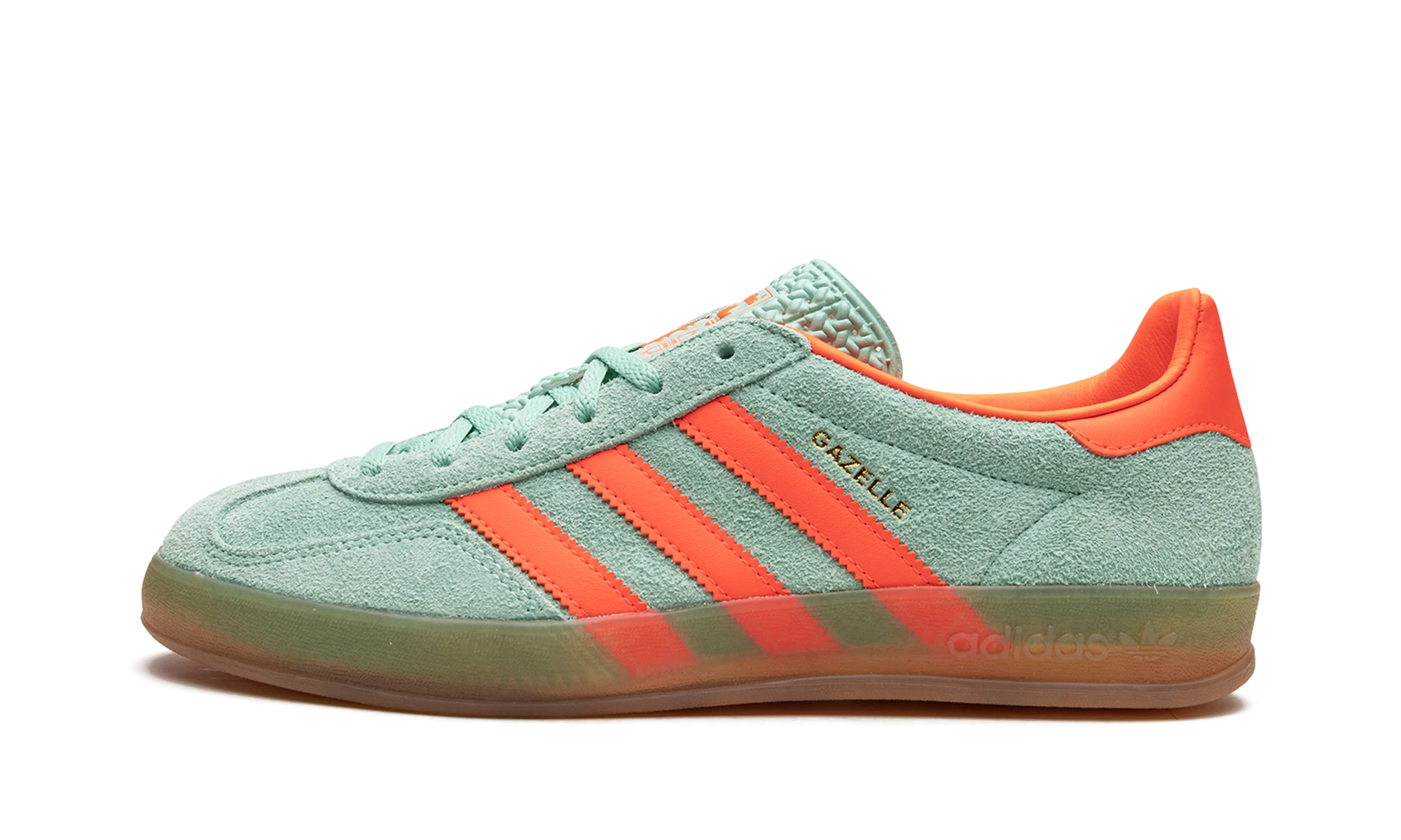 Tenisky Adidas Gazelle Indoor Pulse Mint (HQ8714) z kůže oranžový a hnědý — pohled z vnějšího boku.