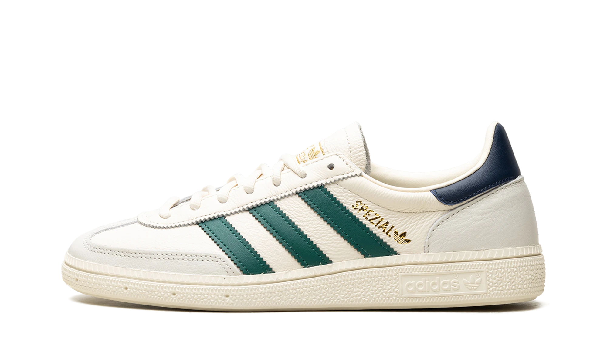 Sneaker Adidas Handball Spezial Chalk White Collegiate Green Night Indigo (JH5451) in leather white, green and blue — outer profile view.
