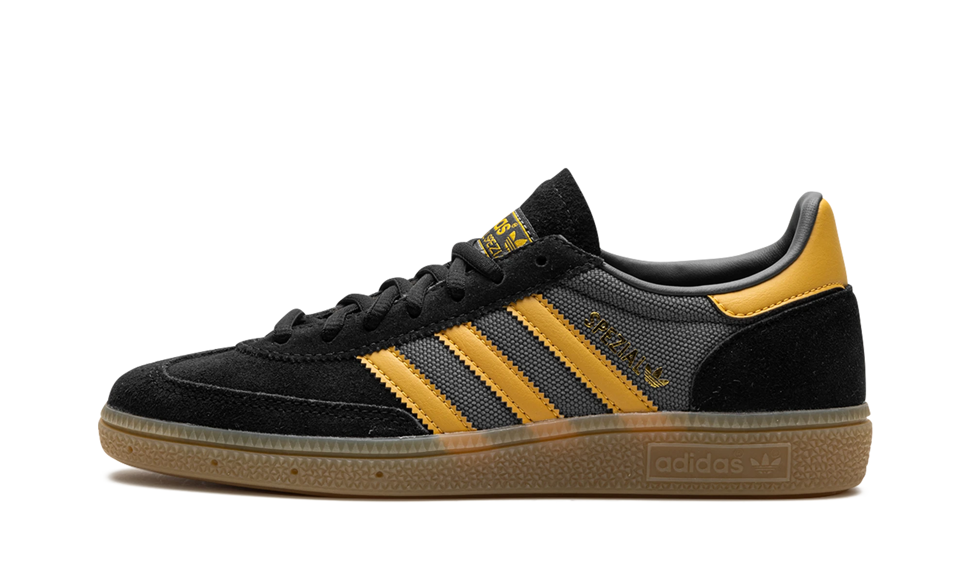 Basket Adidas Handball Spezial Core Black Preloved Yellow en multicolore, disponible en France, Suisse, Belgique et Luxembourg — vue de profil latéral.