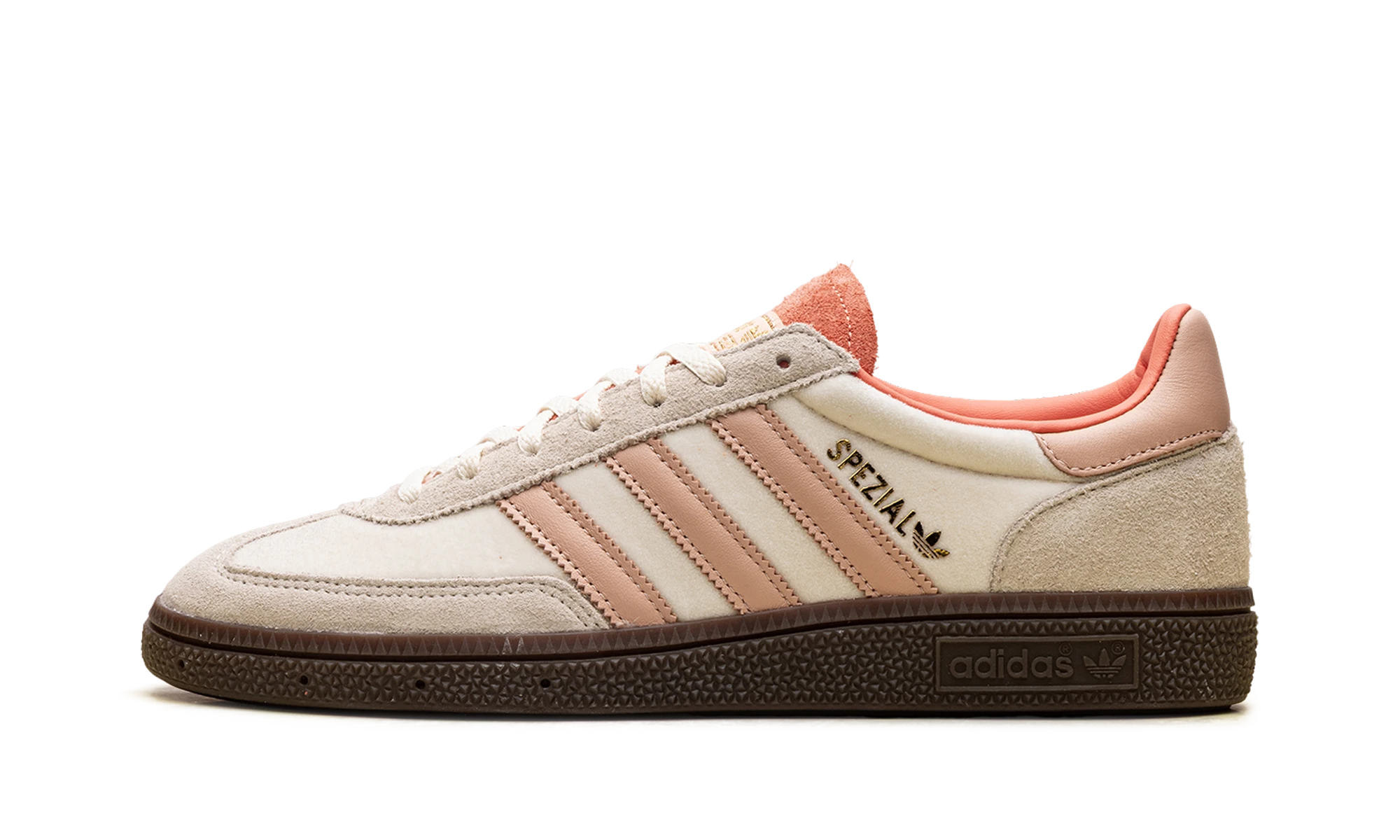 Sneaker Adidas Handball Spezial Cream White Coral Velvet (JI2649) in leather beige, white and pink — outer profile view.
