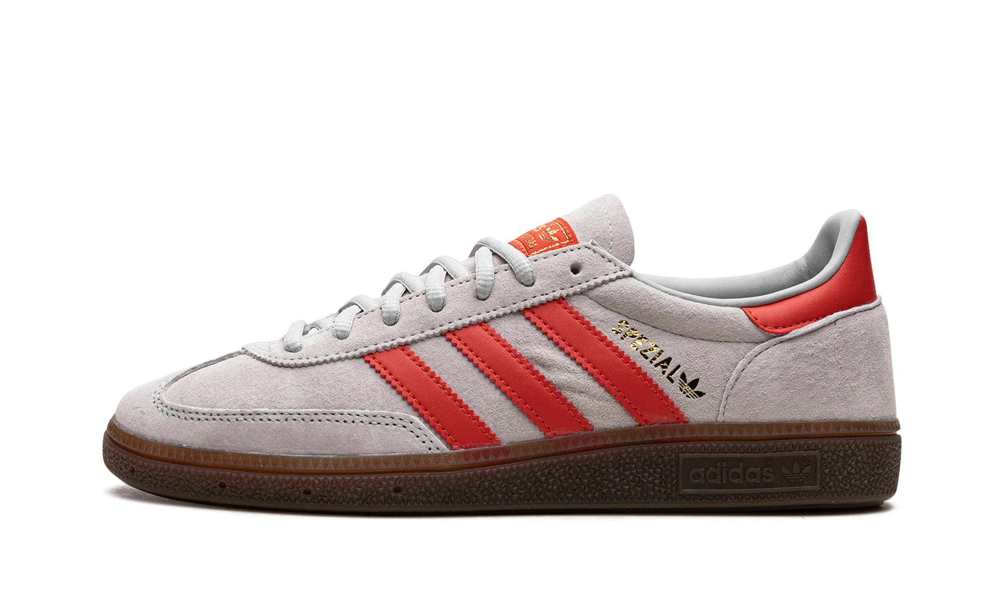 Sneaker Adidas Handball Spezial Grey Hi-Res Red (EF5747) in leather grey, red and gold — outer profile view.