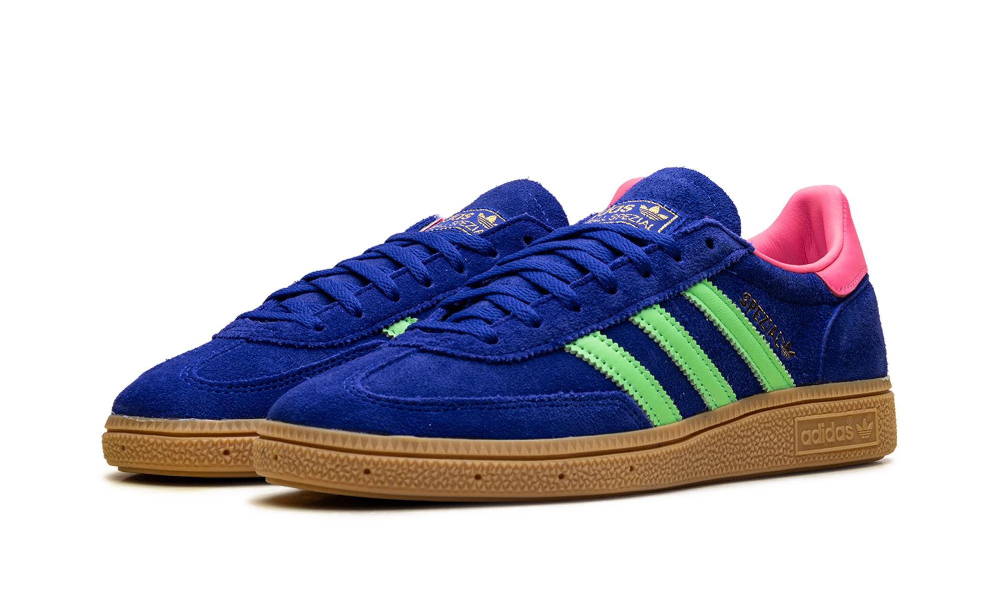 Detail der Innenseite des sneaker Adidas Handball Spezial Lucid Blue Lime Burst (JP8721) bleu, vert et rose.