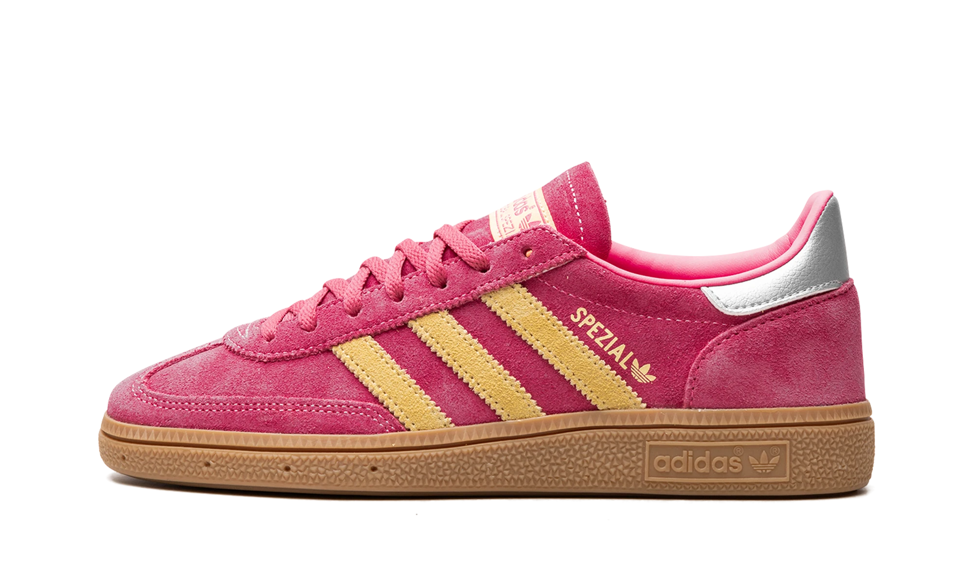 Sneaker Adidas Handball Spezial Lucid Pink Almost Yellow (JI1407) in leather pink, yellow and silver — outer profile view.