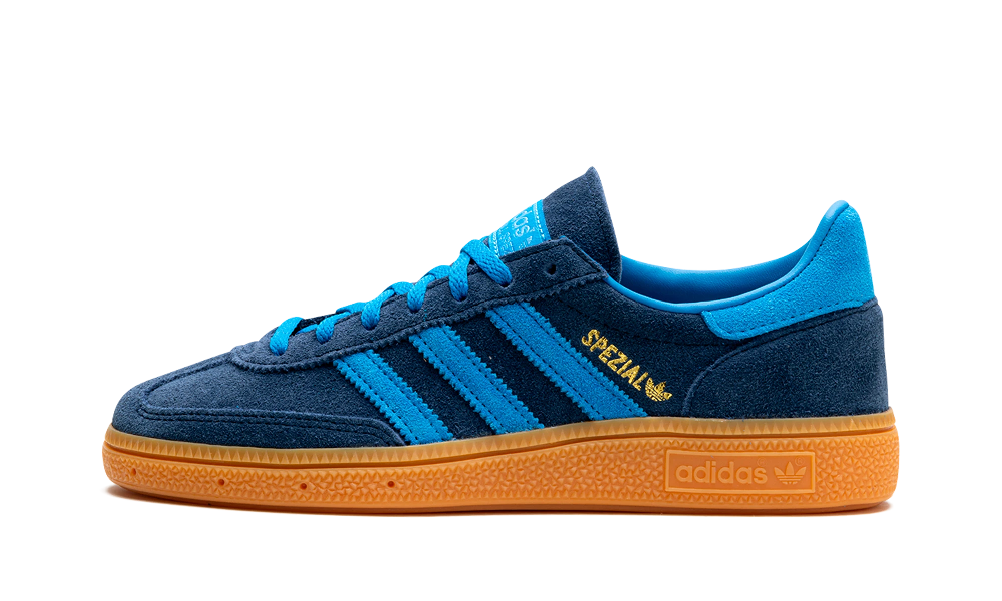 Sneaker Adidas Handball Spezial Night Indigo Bright Blue (IE5895) in leather blue and brown — outer profile view.