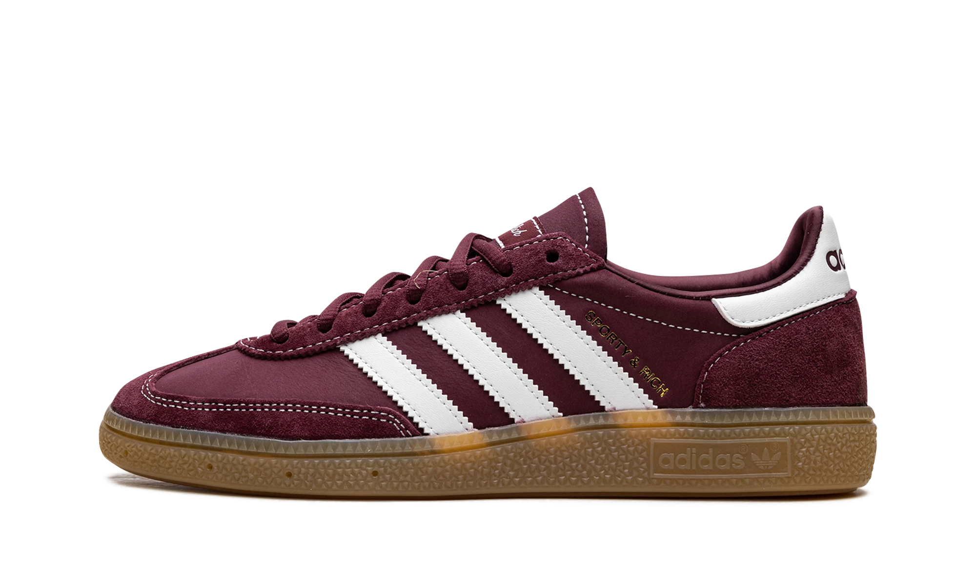 Sneaker Adidas Handball Spezial Sporty & Rich Shadow Red (JP7068) in leather red, white and brown — outer profile view.
