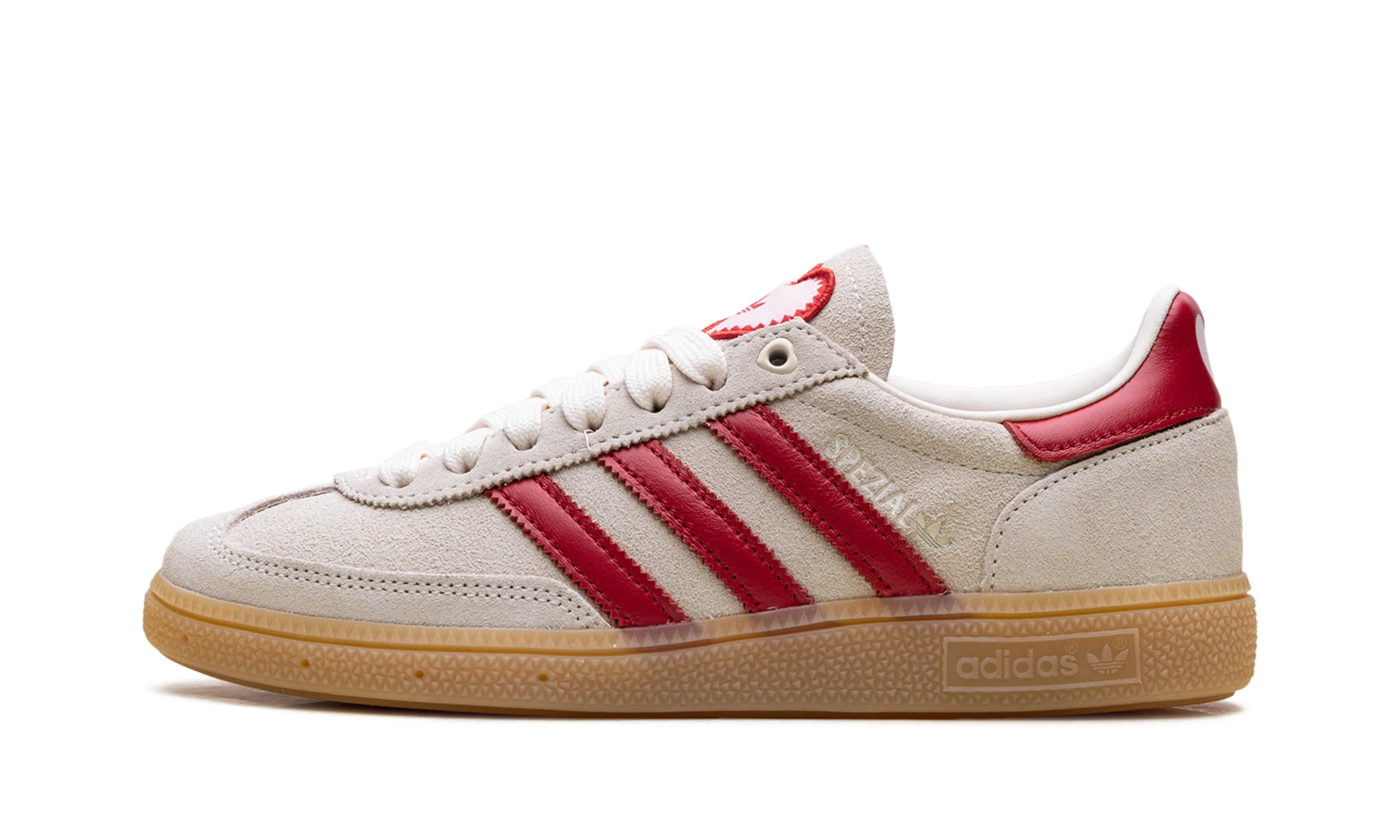 Sneaker Adidas Handball Spezial Valentine's Day (KH9044) i läder beige, vit och röd — yttre profilvy.