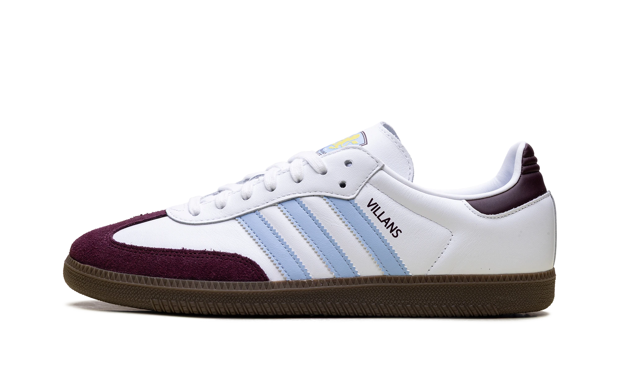 Scarpa Adidas Samba Aston Villa (JQ4042) in pelle bianco, marrone e blu — vista profilo esterno.