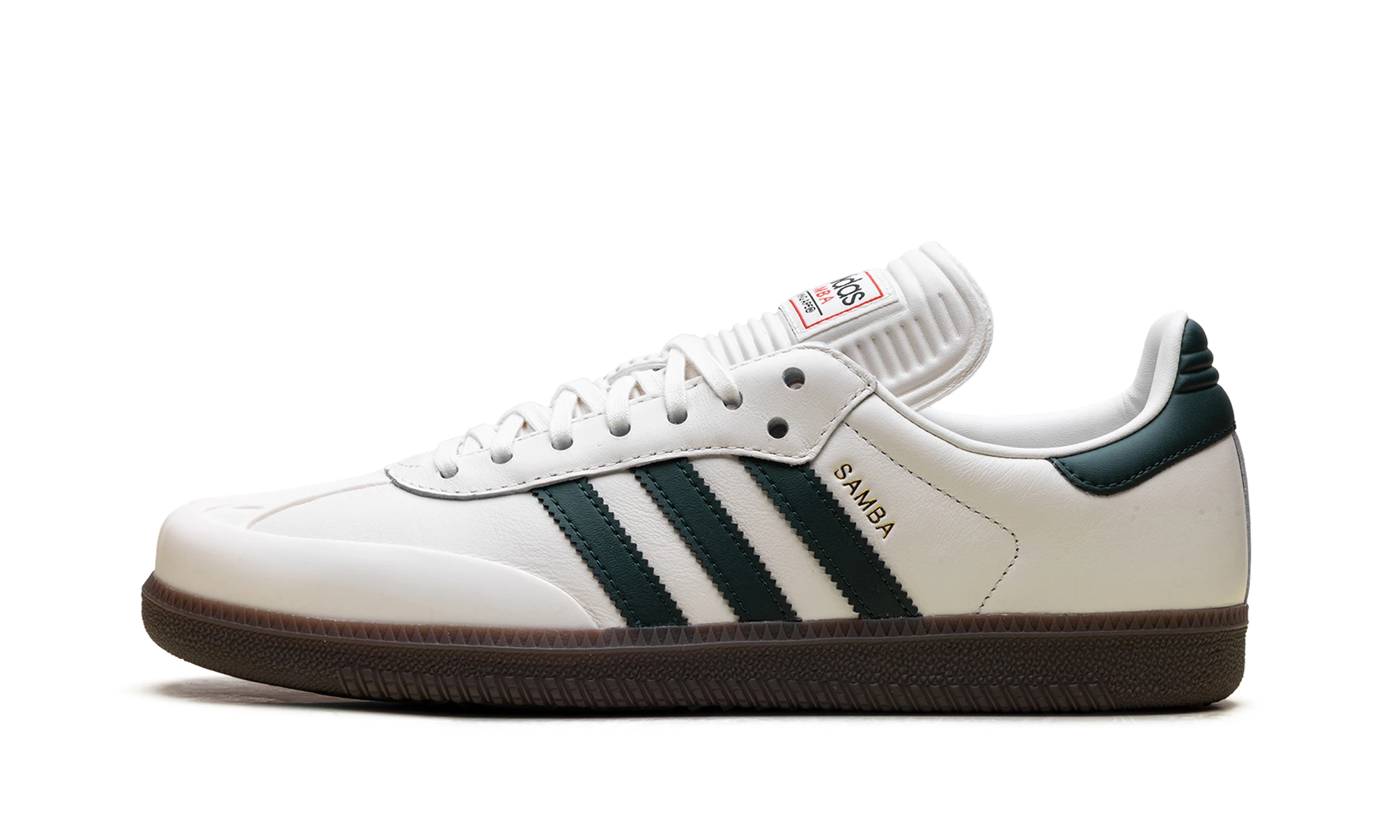 Sneaker Adidas Samba Bape World Cup Pack White Forest (KJ8852) in leather beige, white and brown — outer profile view.