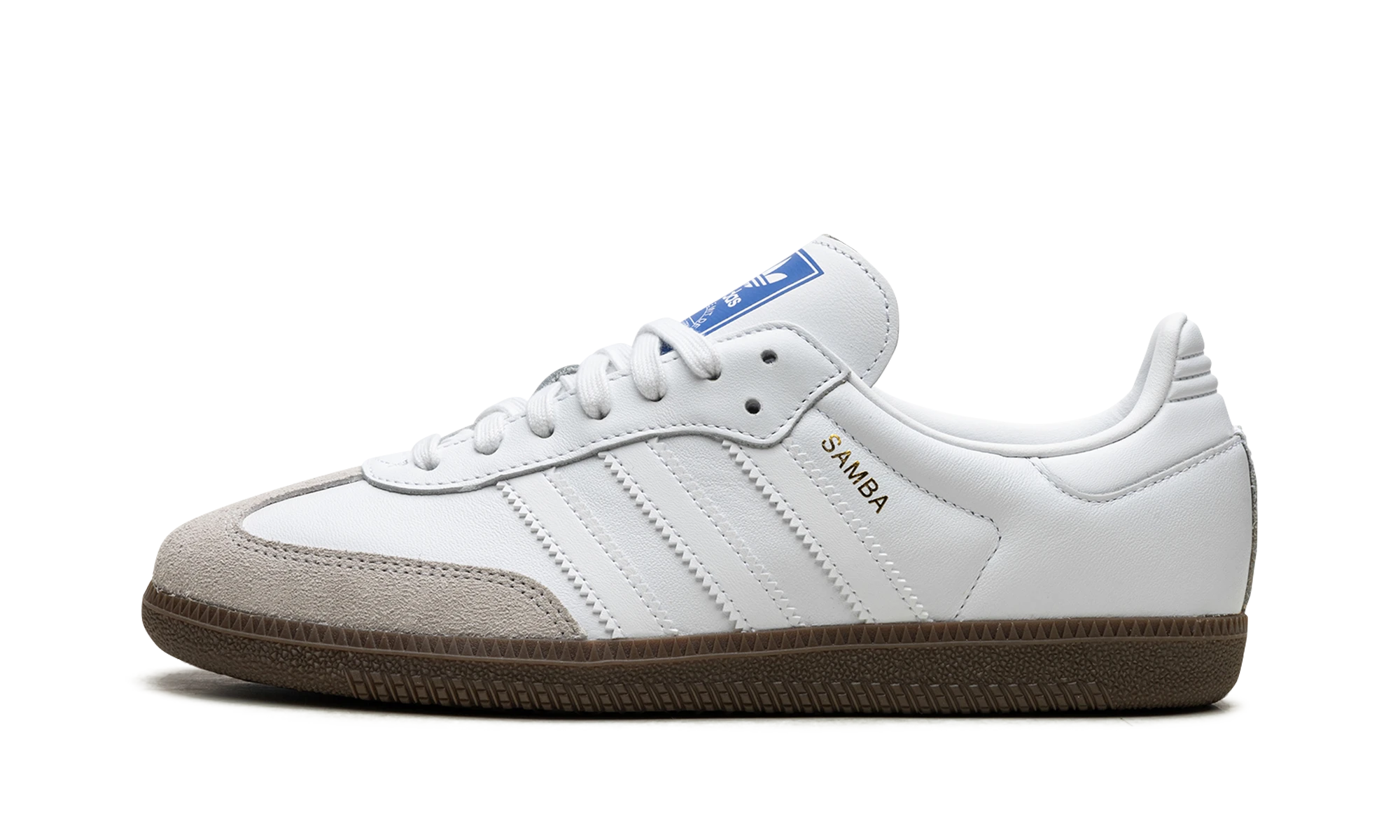 Sneaker Adidas Samba Cloud White Blue Gum (IE3439) in leather white, brown and blue — outer profile view.
