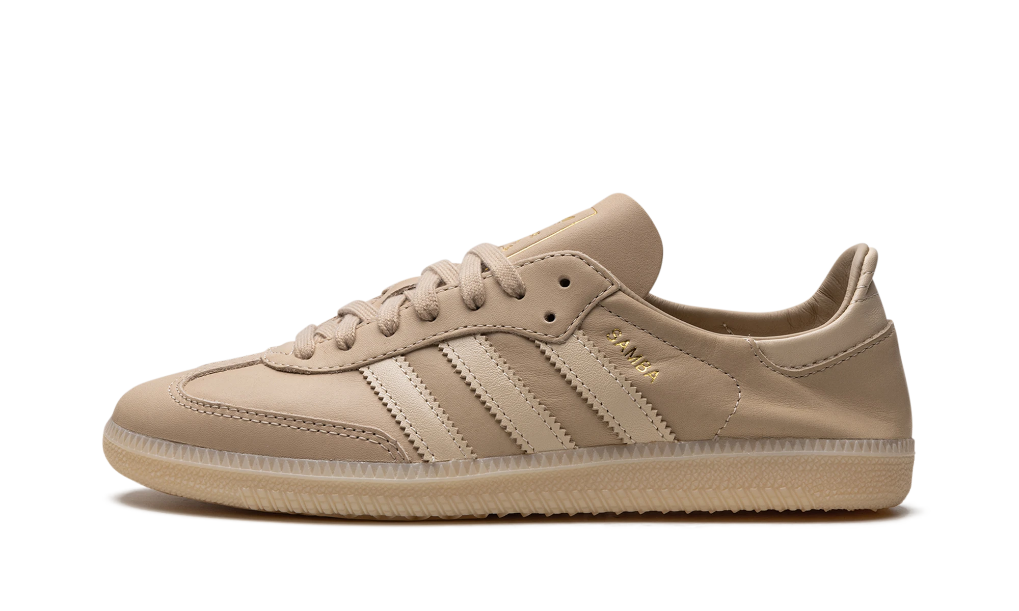 Sneaker Adidas Samba Decon Magic Beige Sand Strata (IH5382) in leather beige and gold — outer profile view.