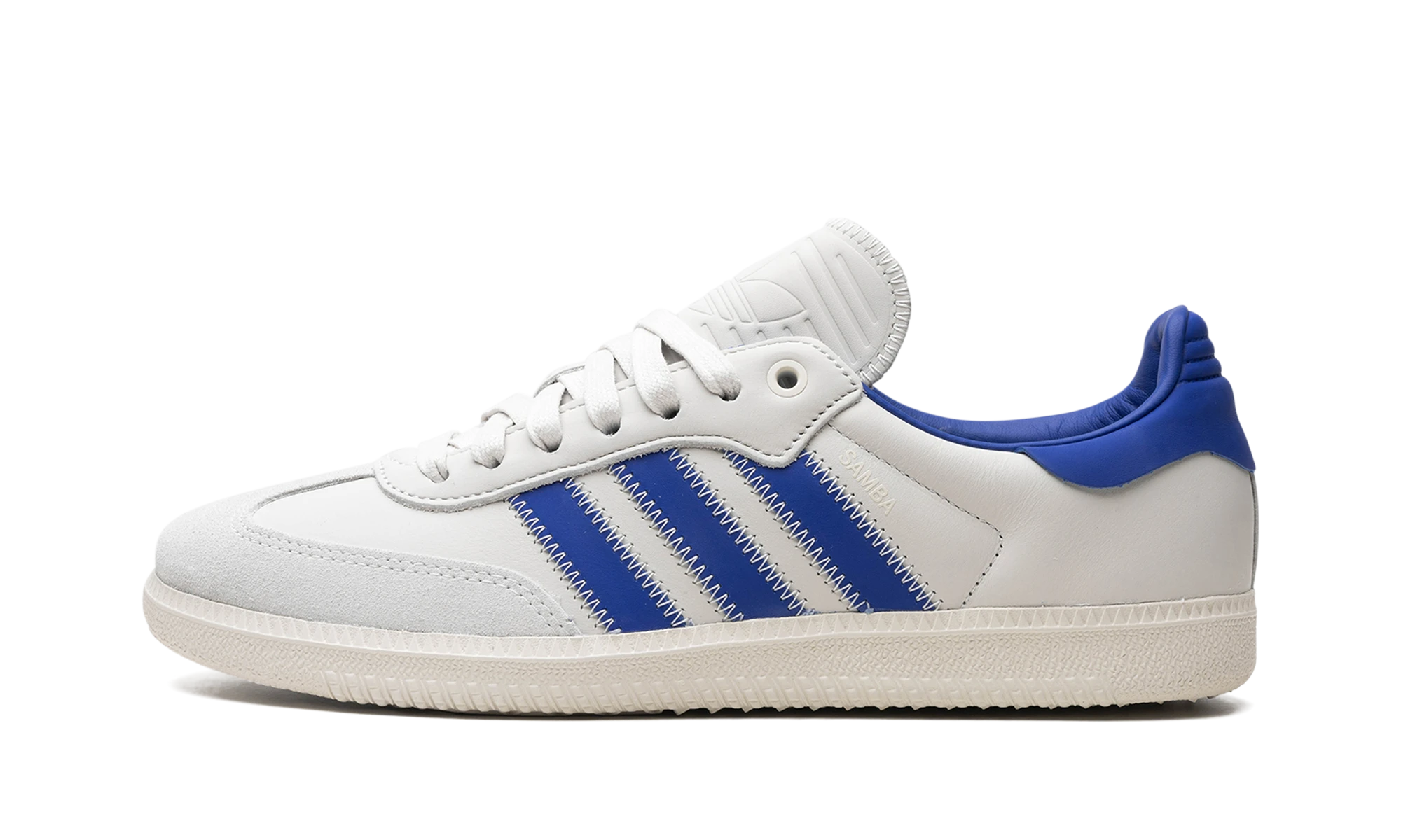 Scarpa Adidas Samba Humanrace Navy Aluminum (IG2088) in pelle blu — vista profilo esterno.