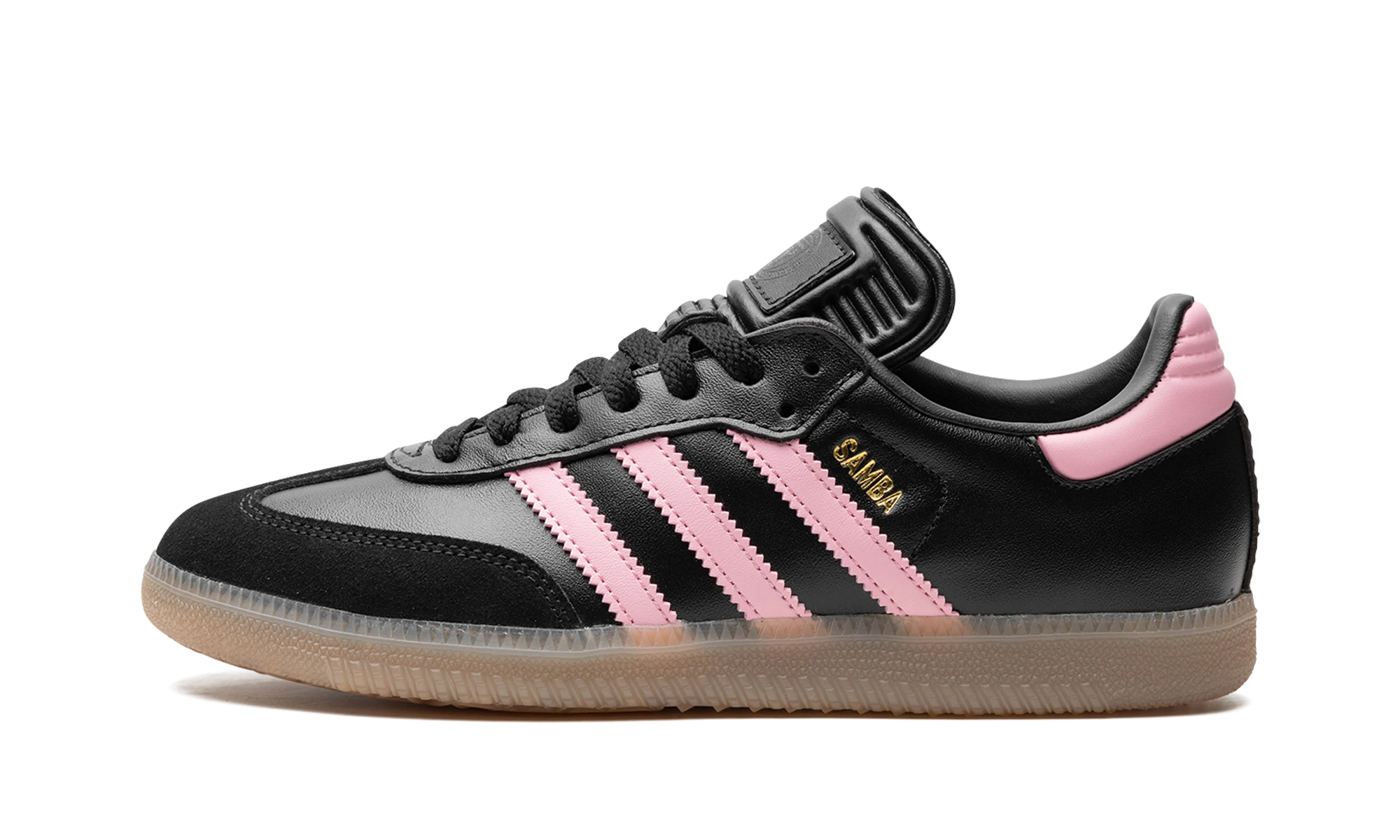 Tenisky Adidas Samba Inter Miami CF Messi Black (IH8157) z kůže černý, růžový a hnědý — pohled z vnějšího boku.