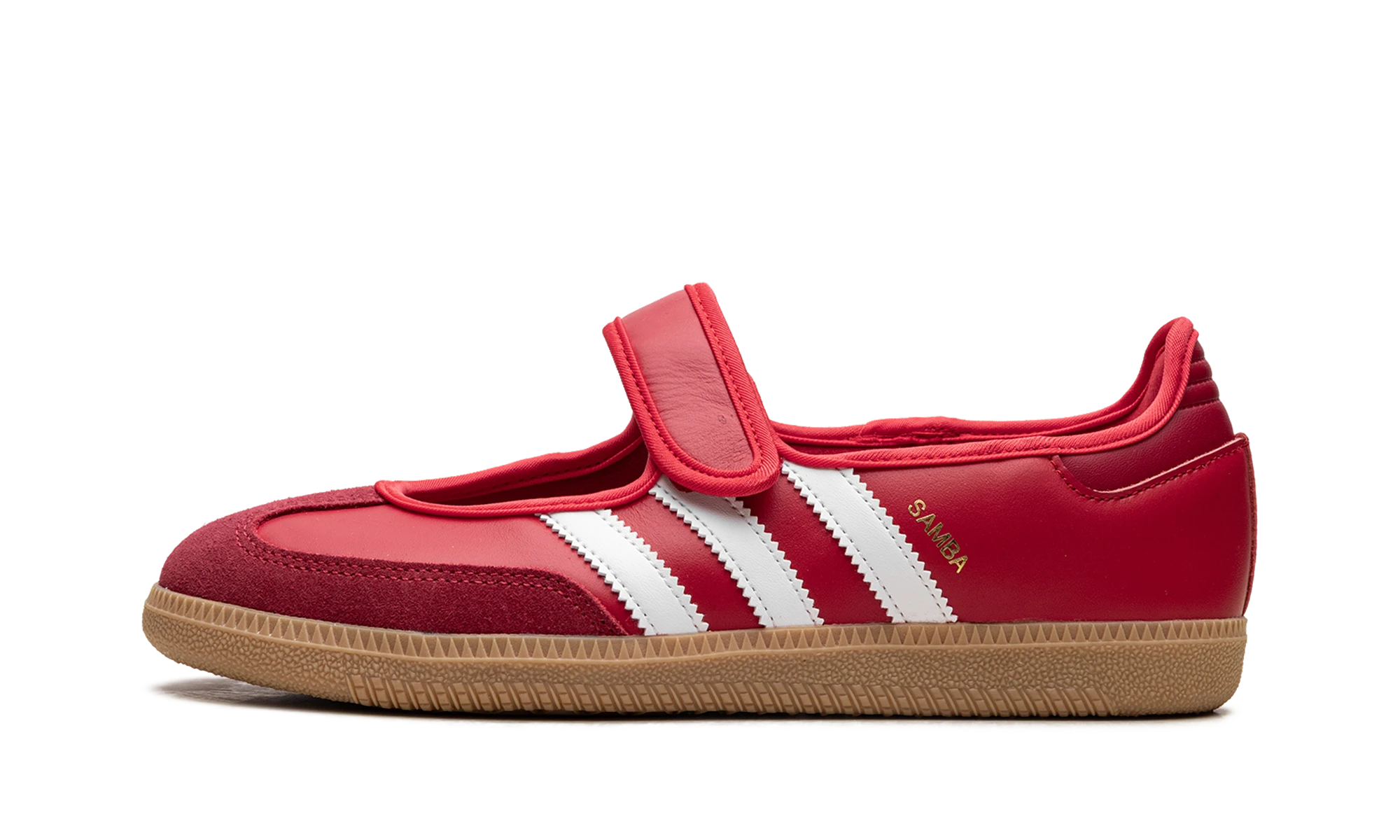Scarpa Adidas Samba Jane Scarlet White Gum (JQ6446) in pelle rosso, marrone e bianco — vista profilo esterno.