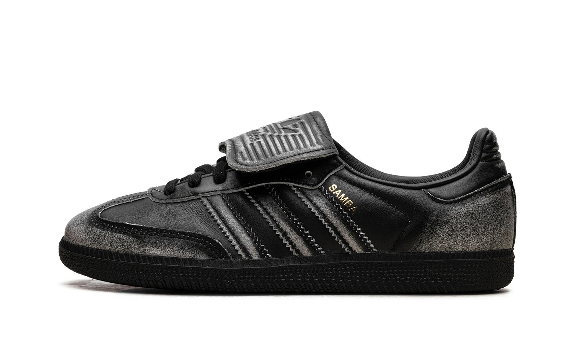 Scarpa Adidas Samba LT Distressed Pack Black (JR5999) in pelle nero e bianco — vista profilo esterno.