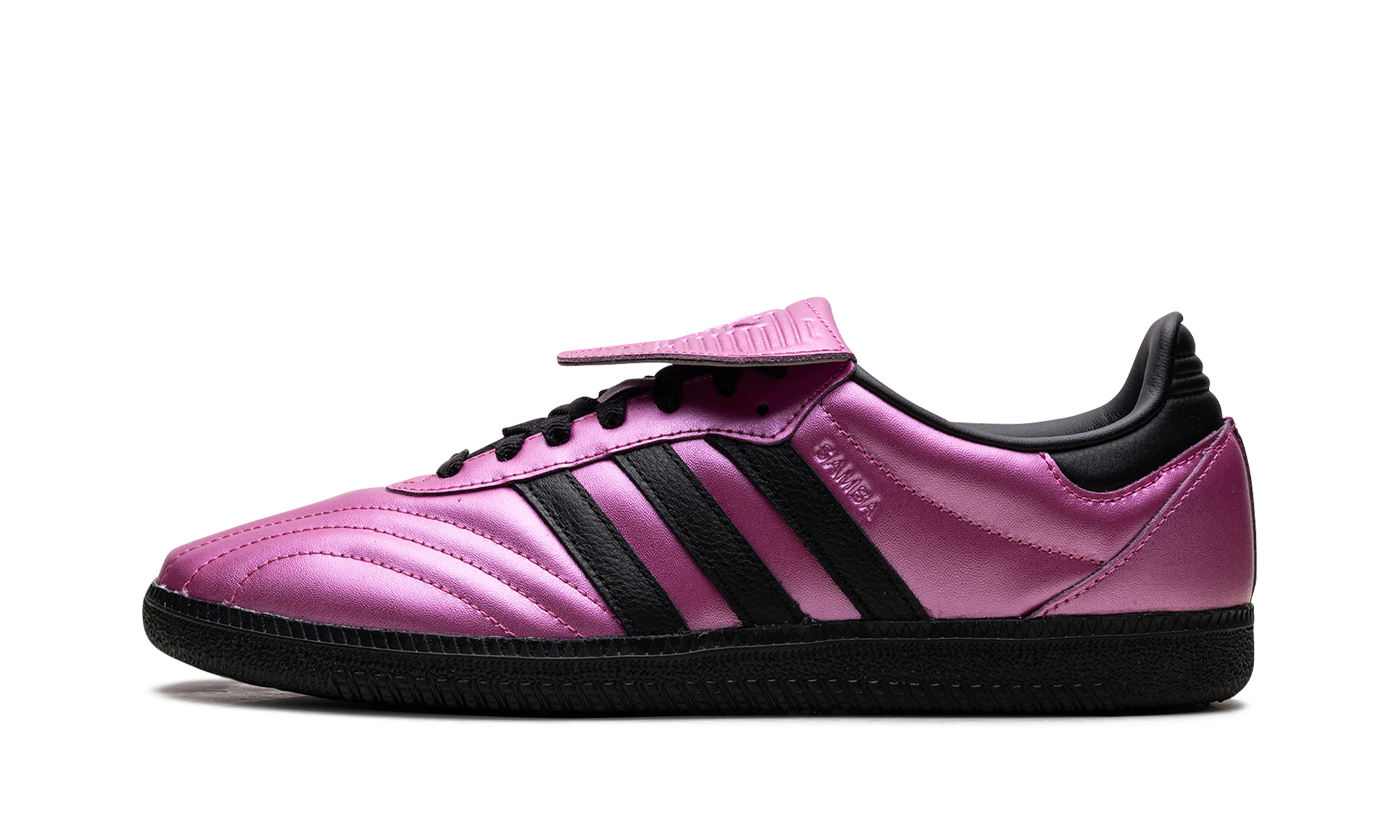 Scarpa Adidas Samba LT Metallic Fuchsia (JQ7451) in pelle rosa e nero — vista profilo esterno.