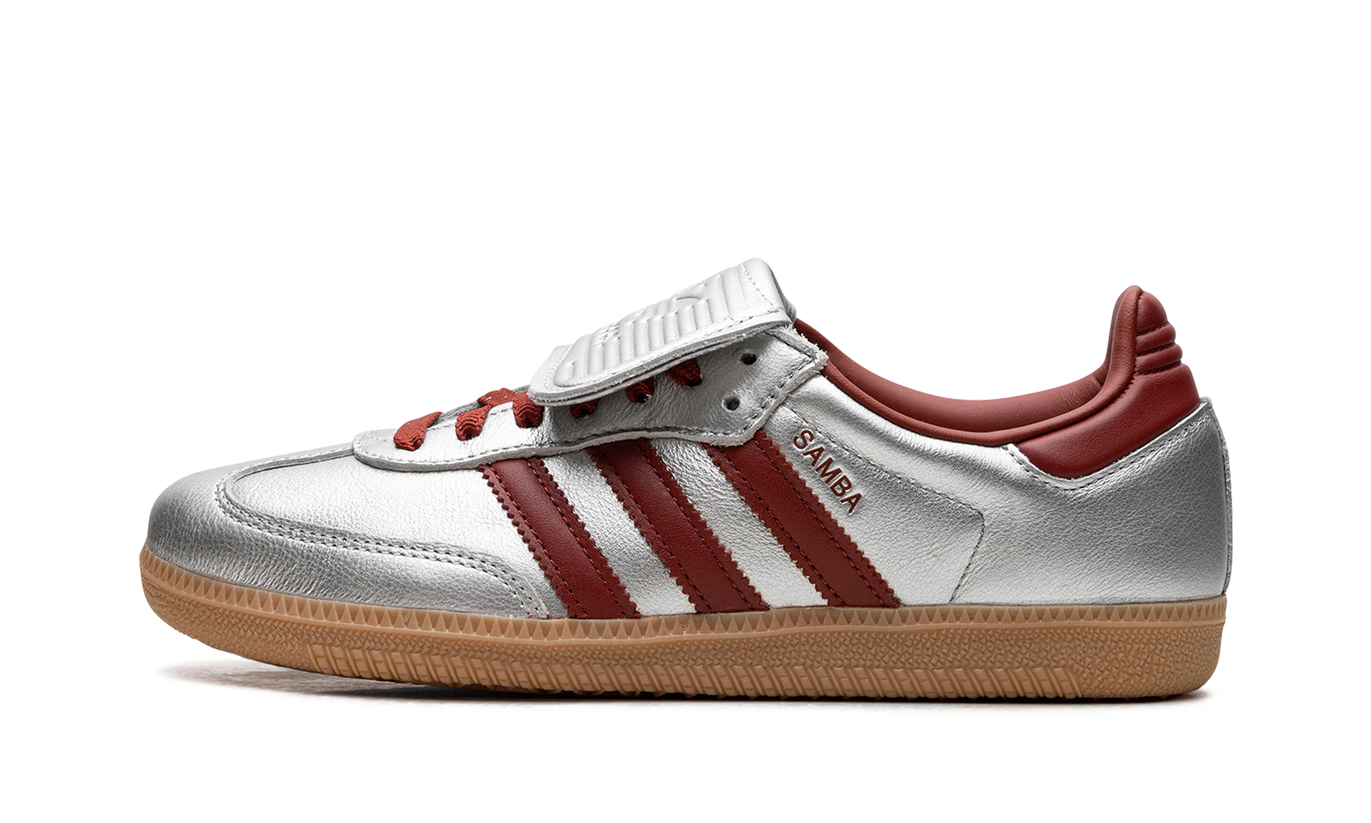 Sneaker Adidas Samba LT Silver Metallic Ruby Gum (JH5707) aus Leder silber und braun — Außenprofilansicht.