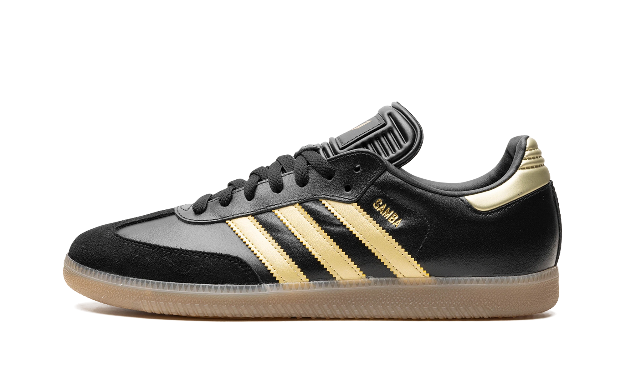 Scarpa Adidas Samba Messi Gold (IH8159) in pelle nero, oro e marrone — vista profilo esterno.