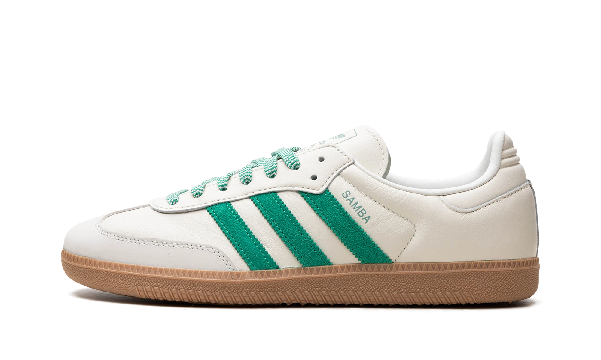 Scarpa Adidas Samba Off White Court Green (JI3906) in pelle bianco e verde — vista profilo esterno.