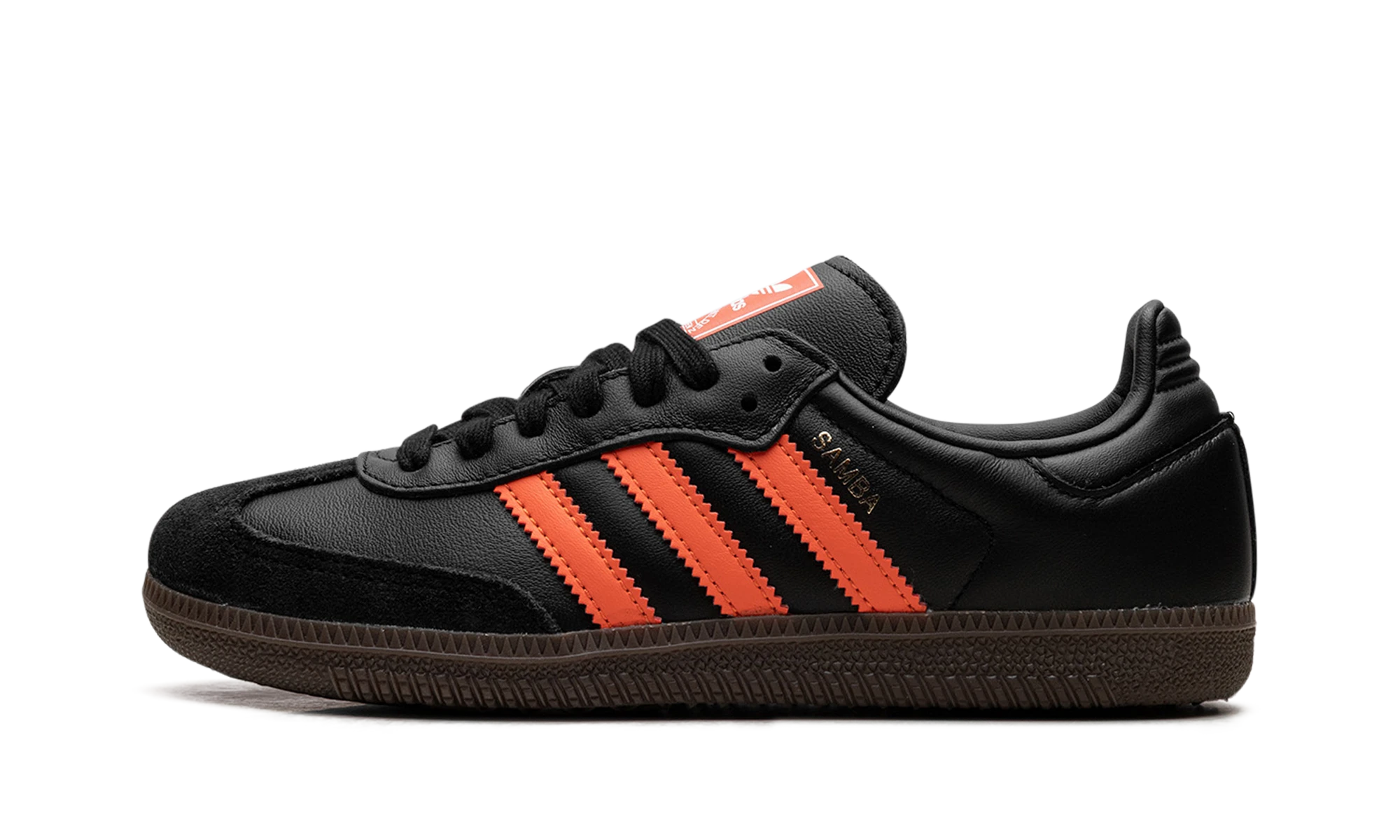 Scarpa Adidas Samba OG Black Impact Orange (JR0910) in pelle nero, arancione e marrone — vista profilo esterno.