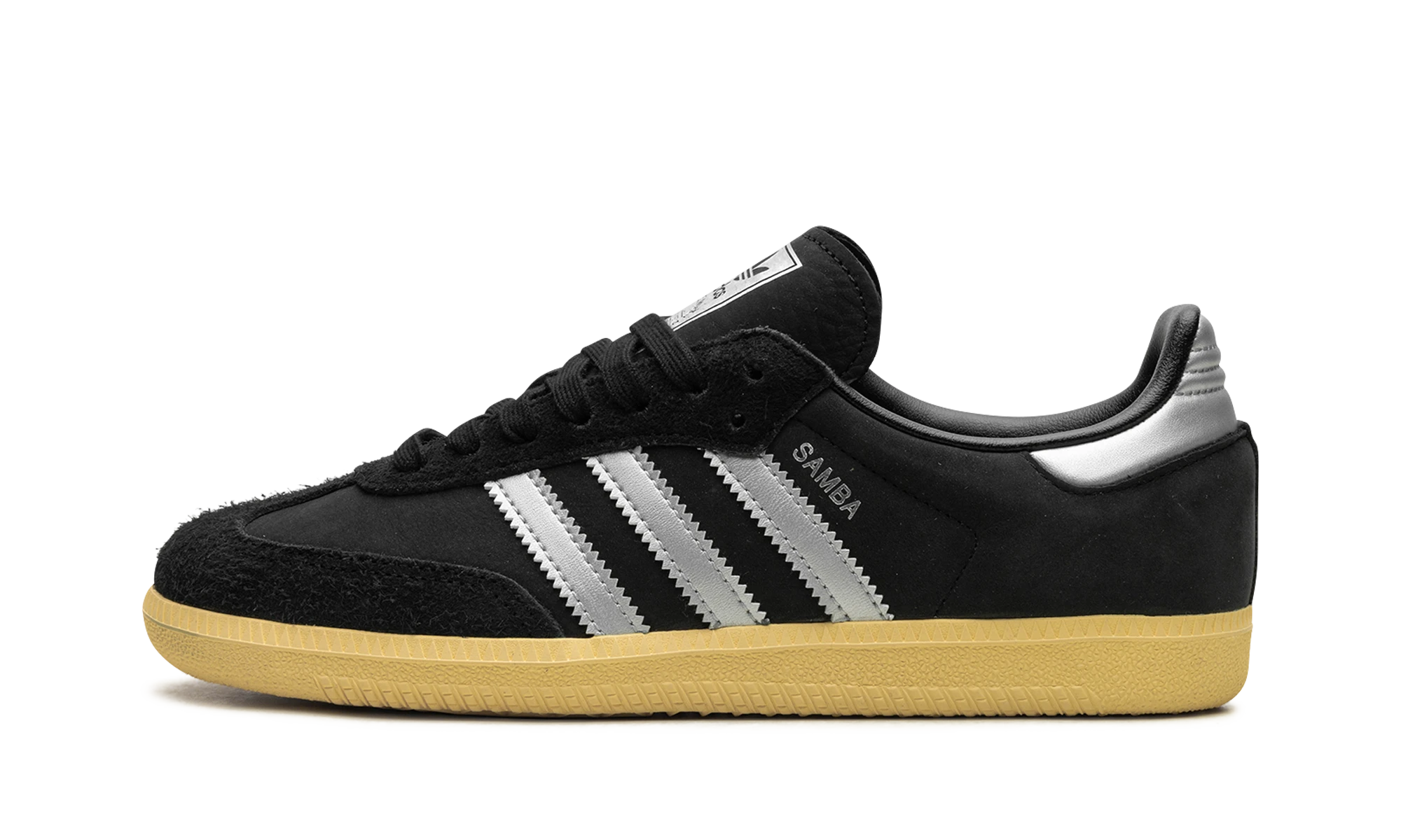 Sneaker Adidas Samba OG Black Matte Silver (IE8128) in leather black, silver and yellow — outer profile view.