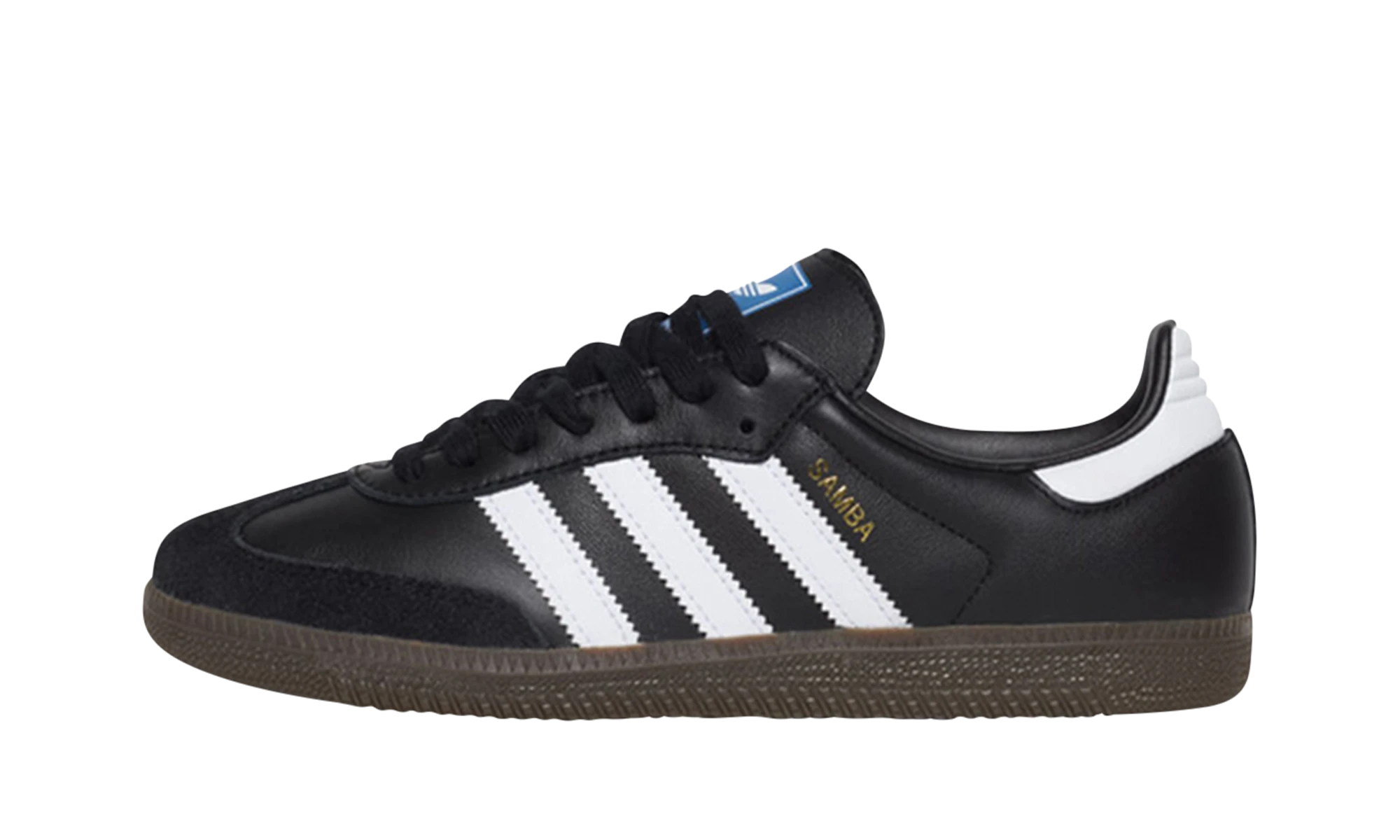 Zapatilla Adidas Samba OG Black White Gum (IG9031) en cuero blanco, negro y gris — vista de perfil exterior.