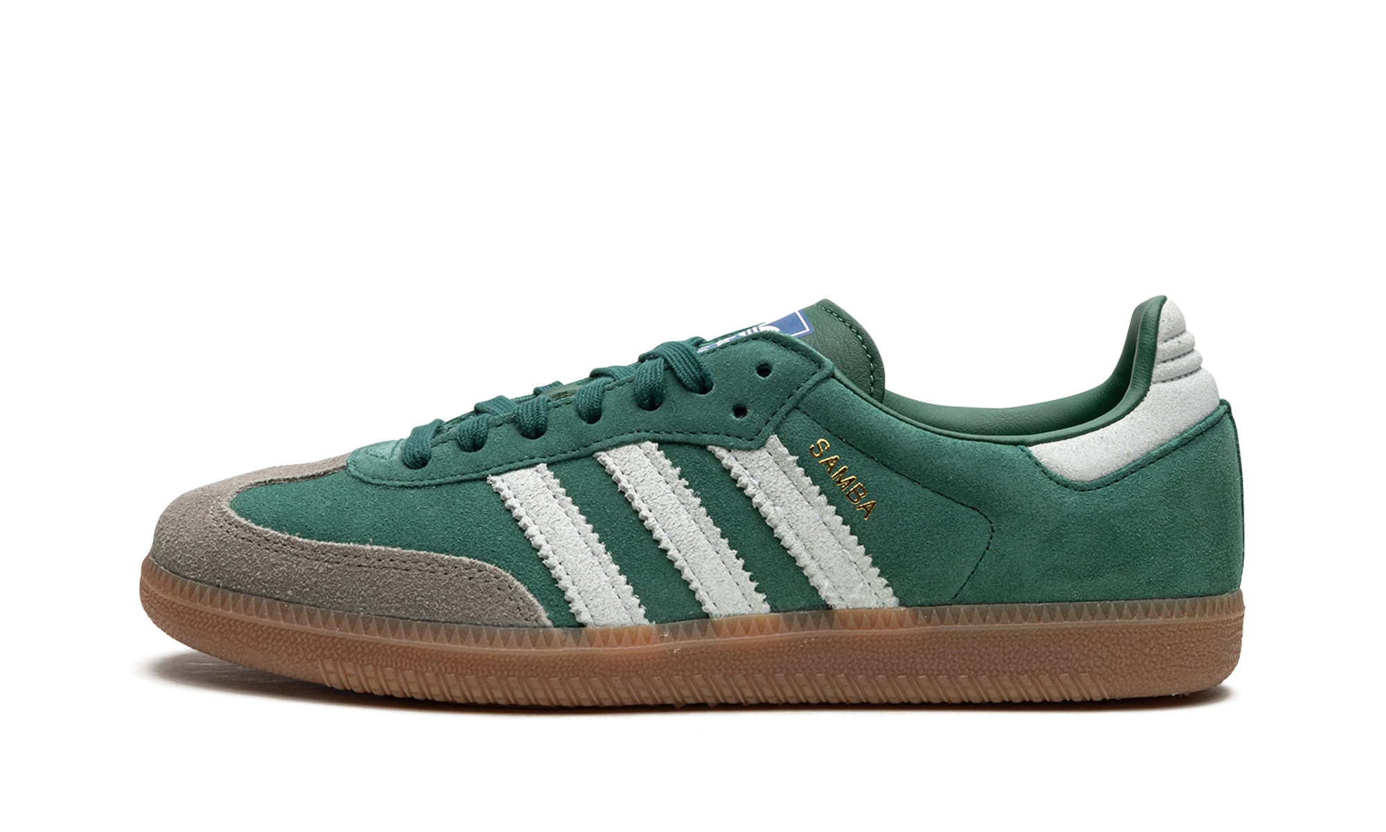 Sneaker Adidas Samba OG Collegiate Green Gum Grey Toe (ID2054) in leather green, white and brown — outer profile view.