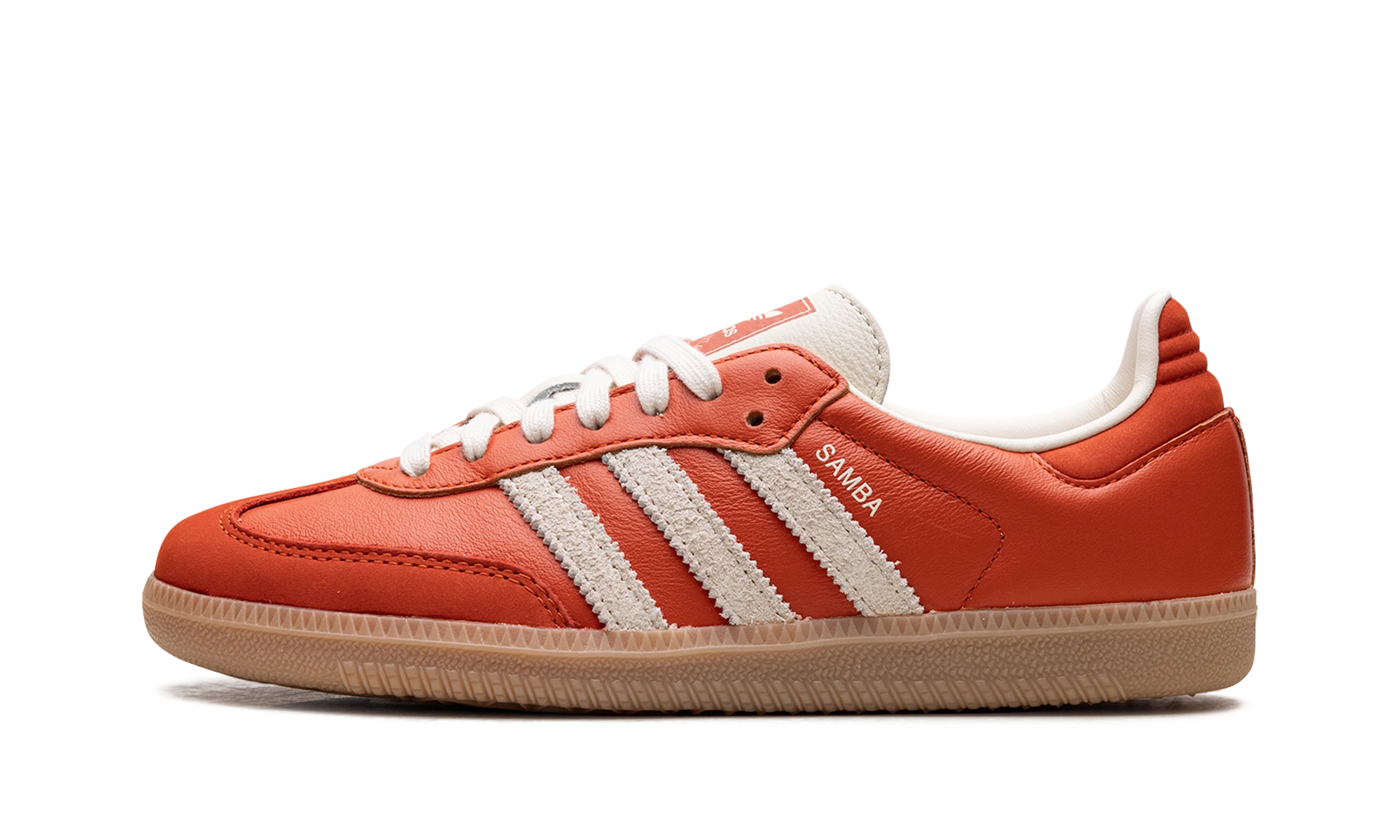 Sneaker Adidas Samba OG Collegiate Orange Cream (JI2737) in leather orange, beige and white — outer profile view.