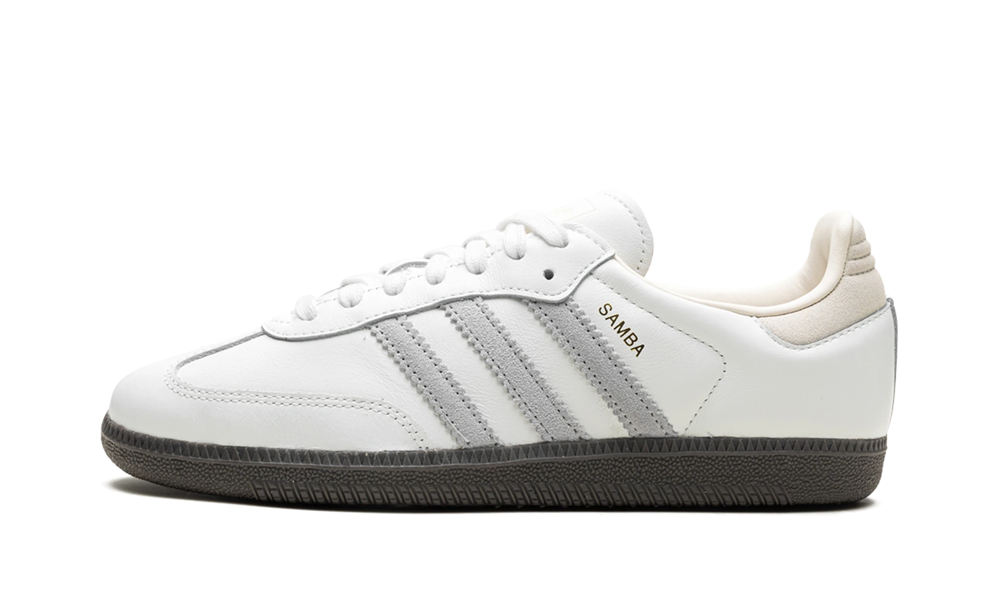 Sneaker Adidas Samba OG Core White Grey (IH4880) in leather white, grey and beige — outer profile view.