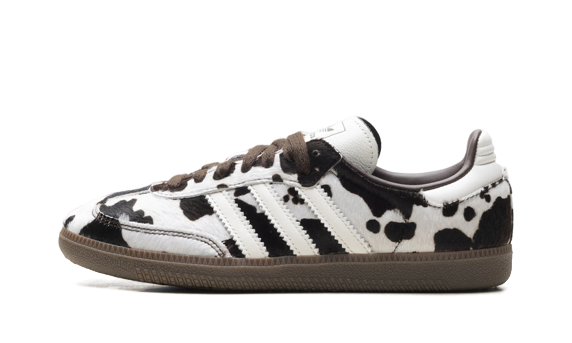 Scarpa Adidas Samba OG Cow Print Dark Brown White (KK2238) in pelle nero, marrone e bianco — vista profilo esterno.