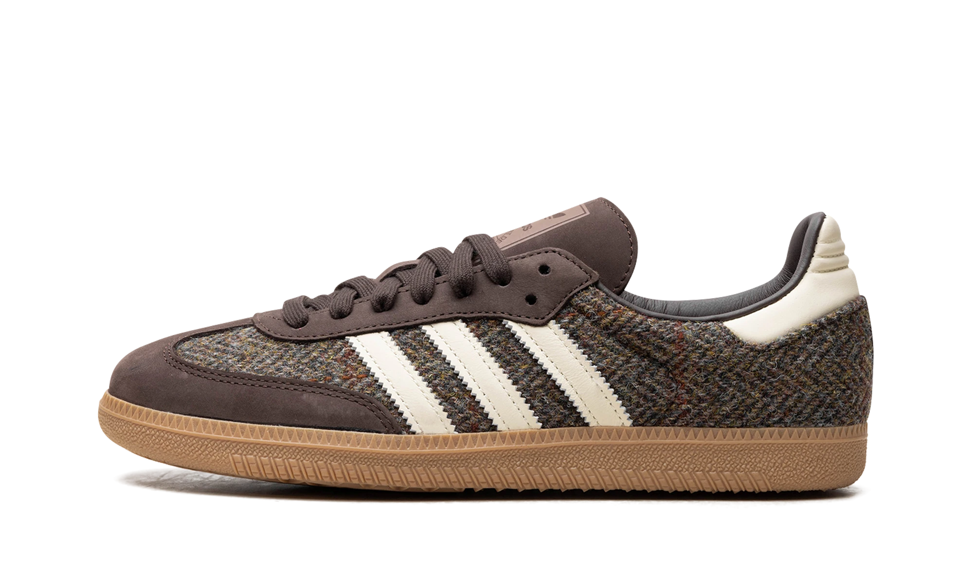 Sneaker Adidas Samba OG Dark Brown Tweed (ID1450) in leather black, brown and beige — outer profile view.