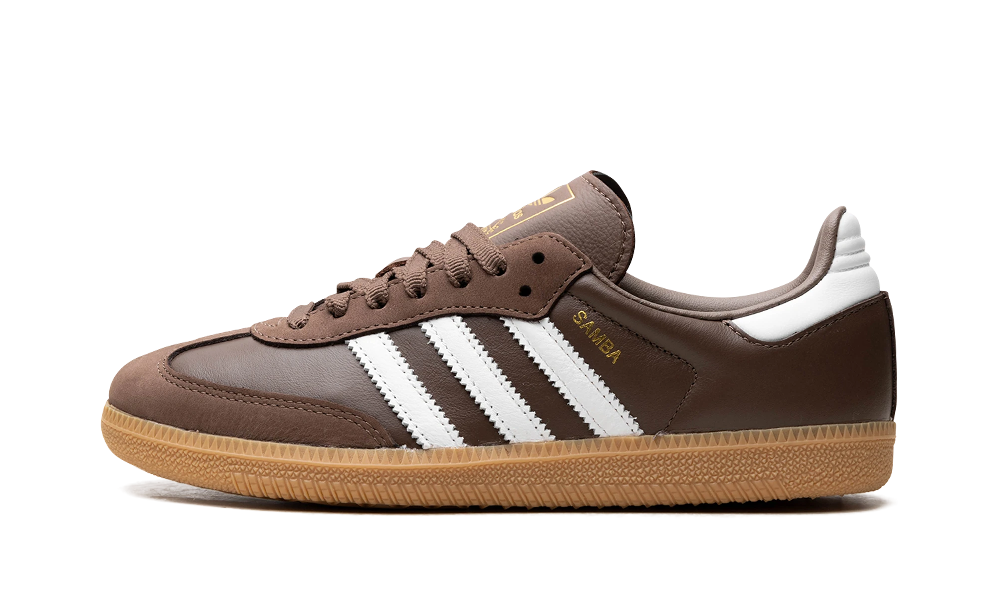Sneaker Adidas Samba OG Earth Strata Gum (IE6522) in leather white, gold and brown — outer profile view.