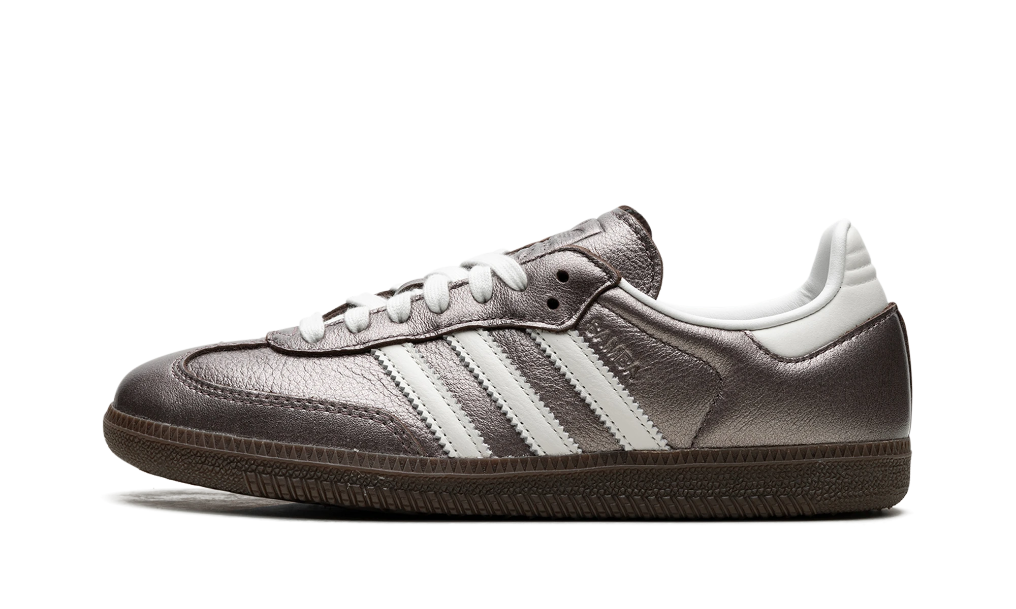 Sapatilha Adidas Samba OG Metallic Purple (JI4219) em couro roxo e castanho — vista de perfil exterior.