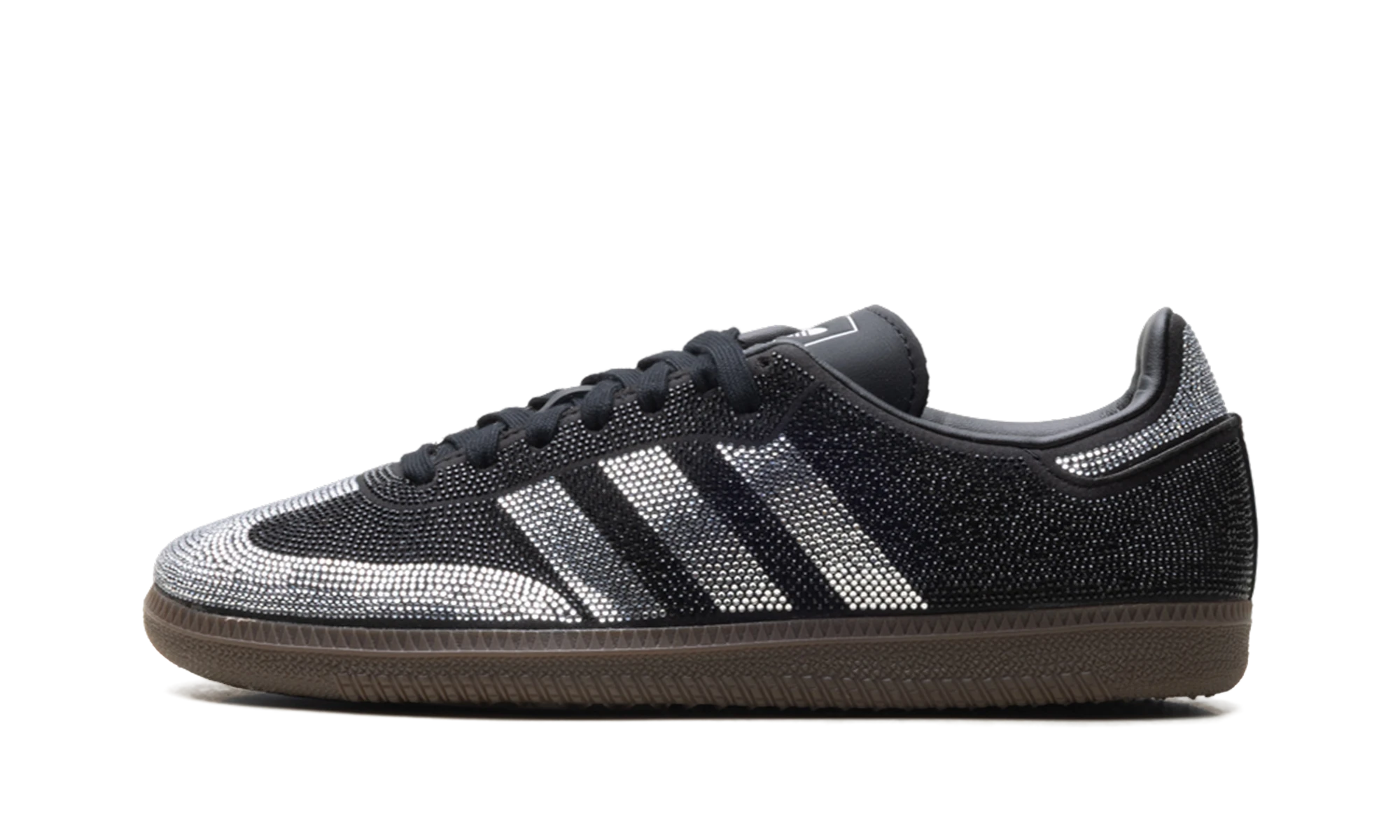 Sneaker Adidas Samba OG Rhinestone Black Silver in leather black and brown, available in Europe — outer profile view.