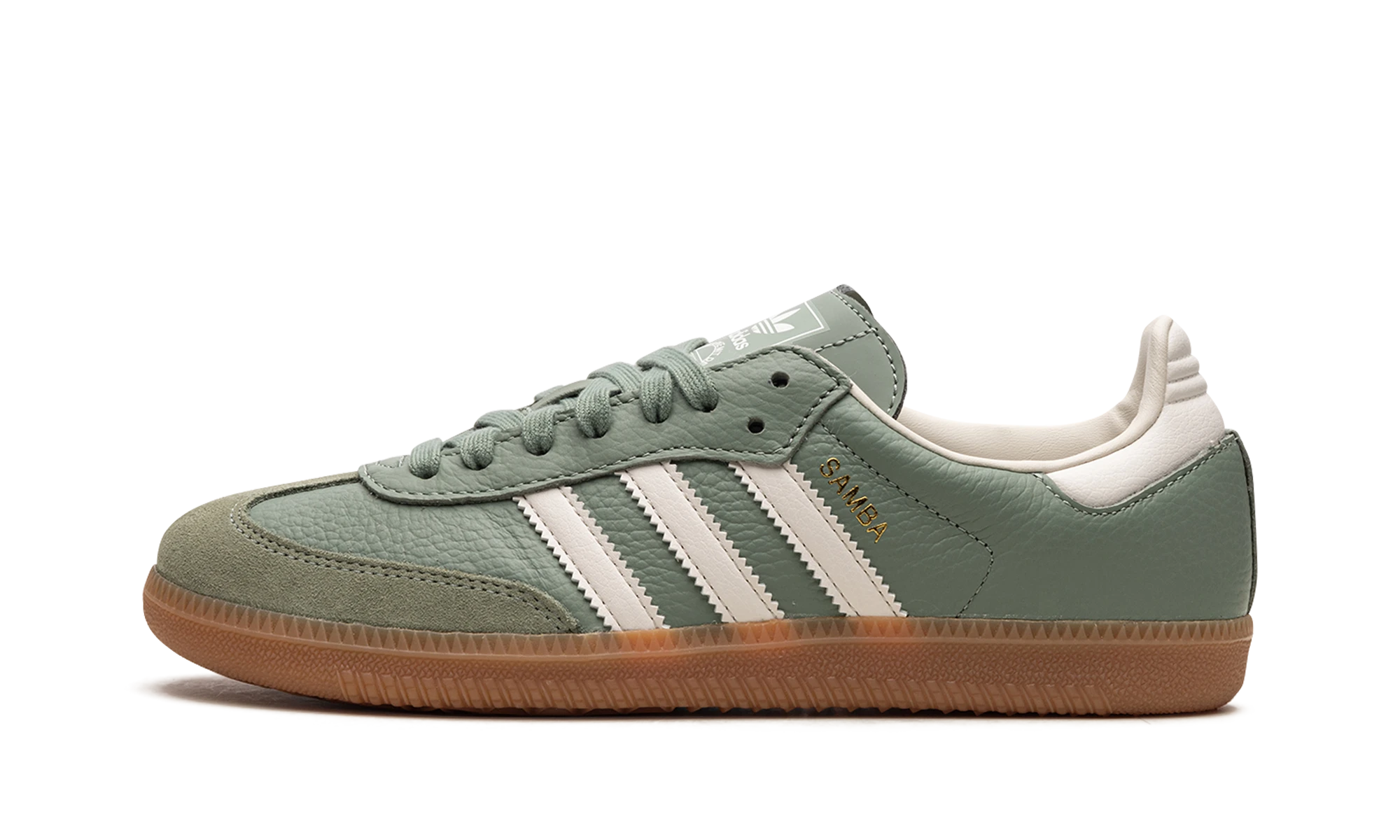 Scarpa Adidas Samba OG Silver Green (IE7011) in pelle argento, verde e bianco — vista profilo esterno.