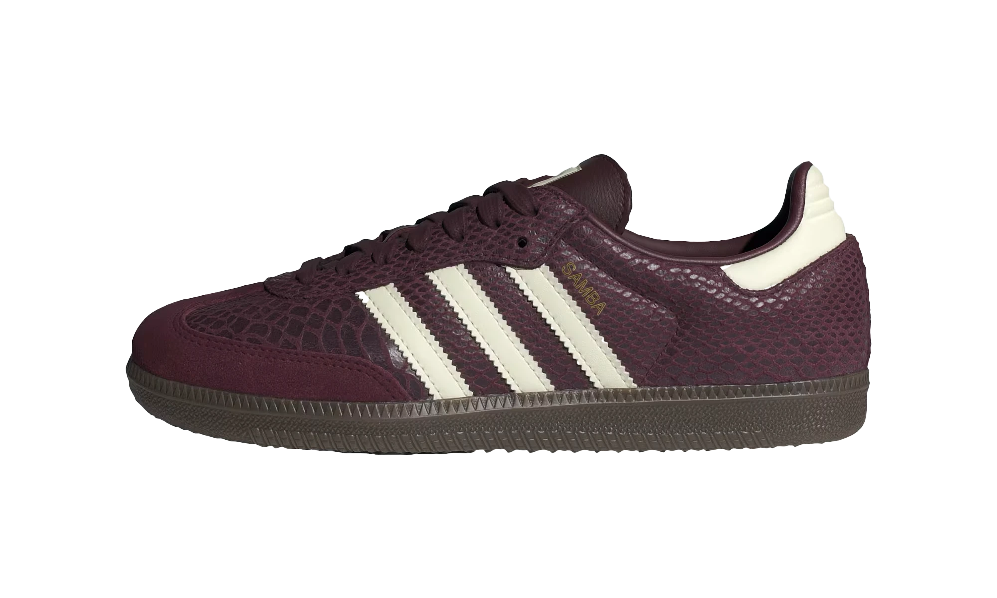 Detail of the inner side of the sneaker Adidas Samba OG Snakeskin Maroon Cream White marron, beige et blanc.